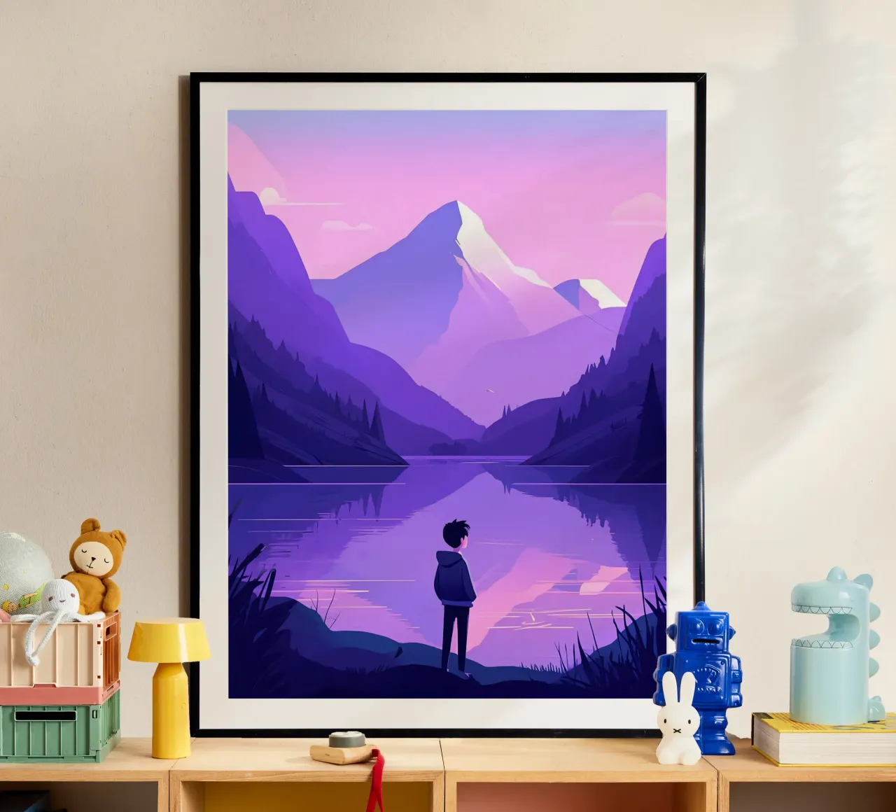 Un ragazzo in piedi vicino a un lago di montagna Lofi Art poster con telaio in plastica da LoFi Gallery