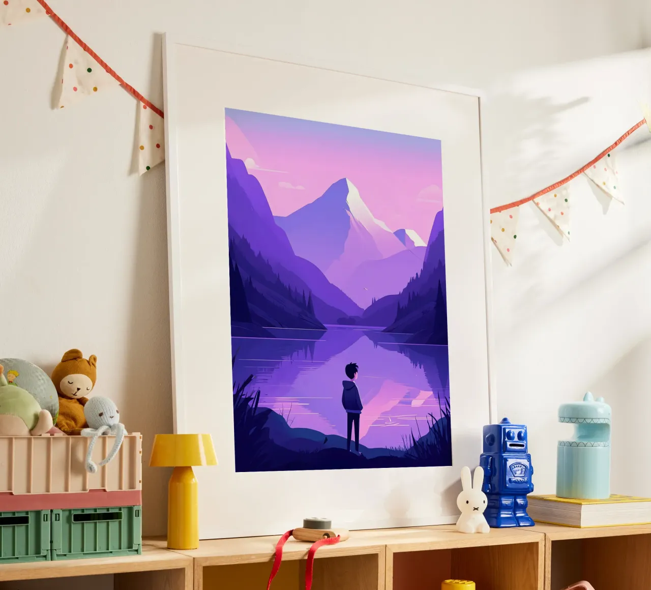 Un ragazzo in piedi vicino a un lago di montagna Lofi Art poster con telaio in plastica da LoFi Gallery
