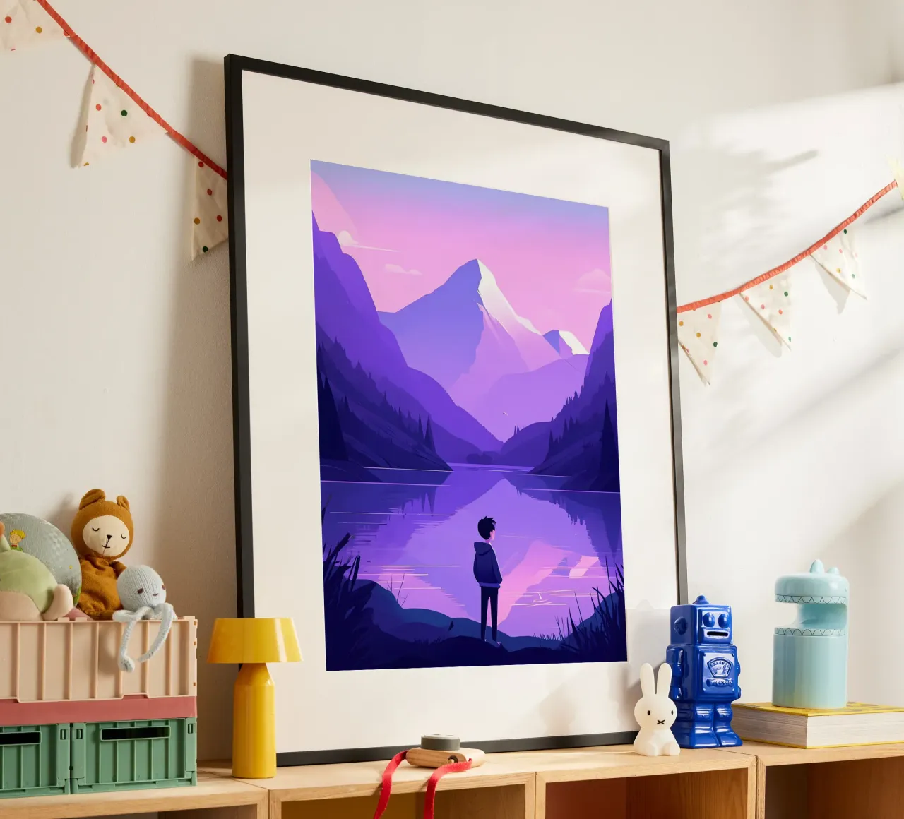 Un ragazzo in piedi vicino a un lago di montagna Lofi Art poster con telaio in plastica da LoFi Gallery