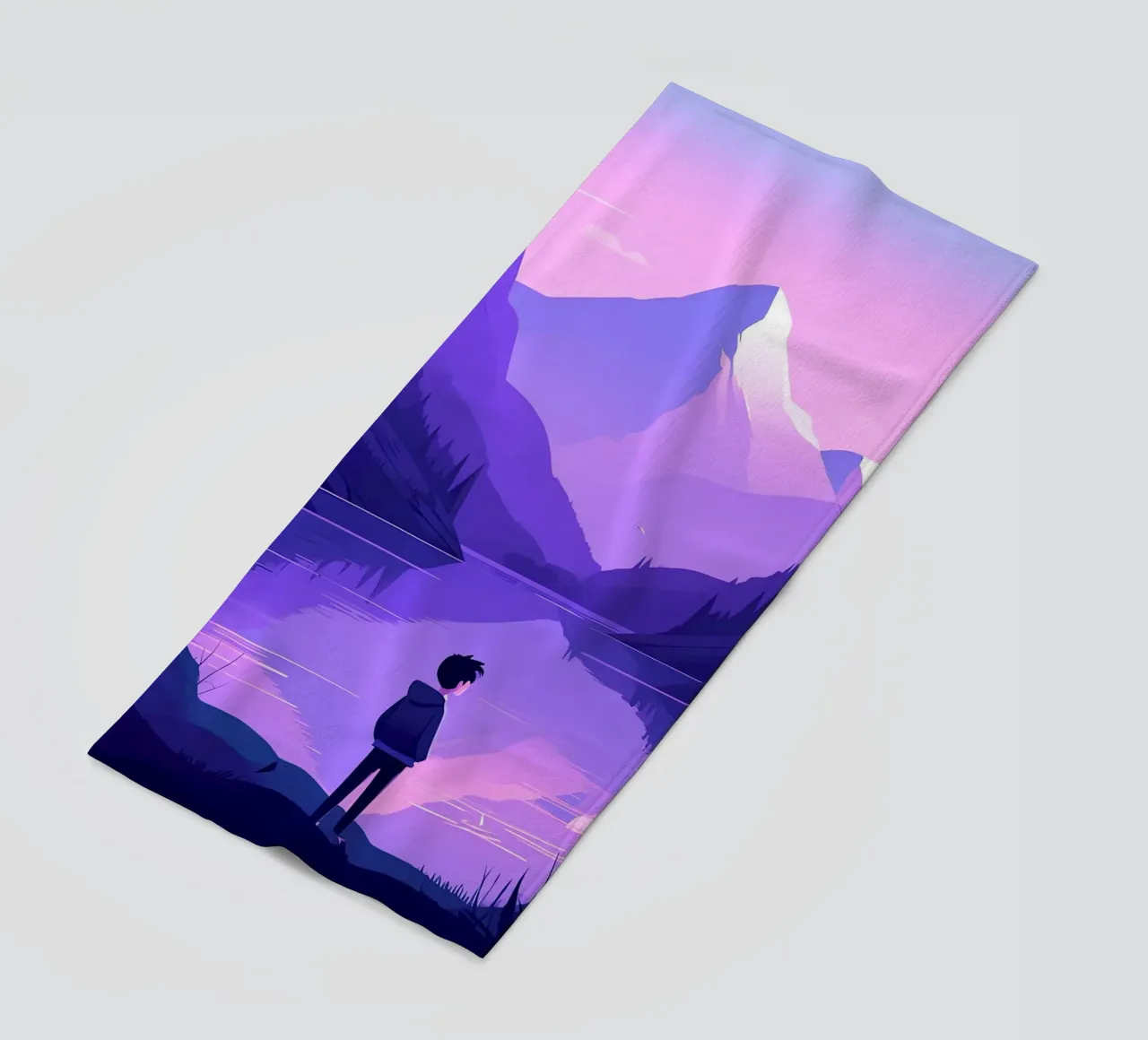 A Boy Standing Near To A Mountain Lake Lofi Art beach towel by LoFi Gallery