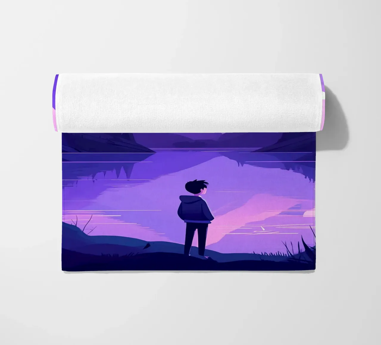A Boy Standing Near To A Mountain Lake Lofi Art beach towel by LoFi Gallery