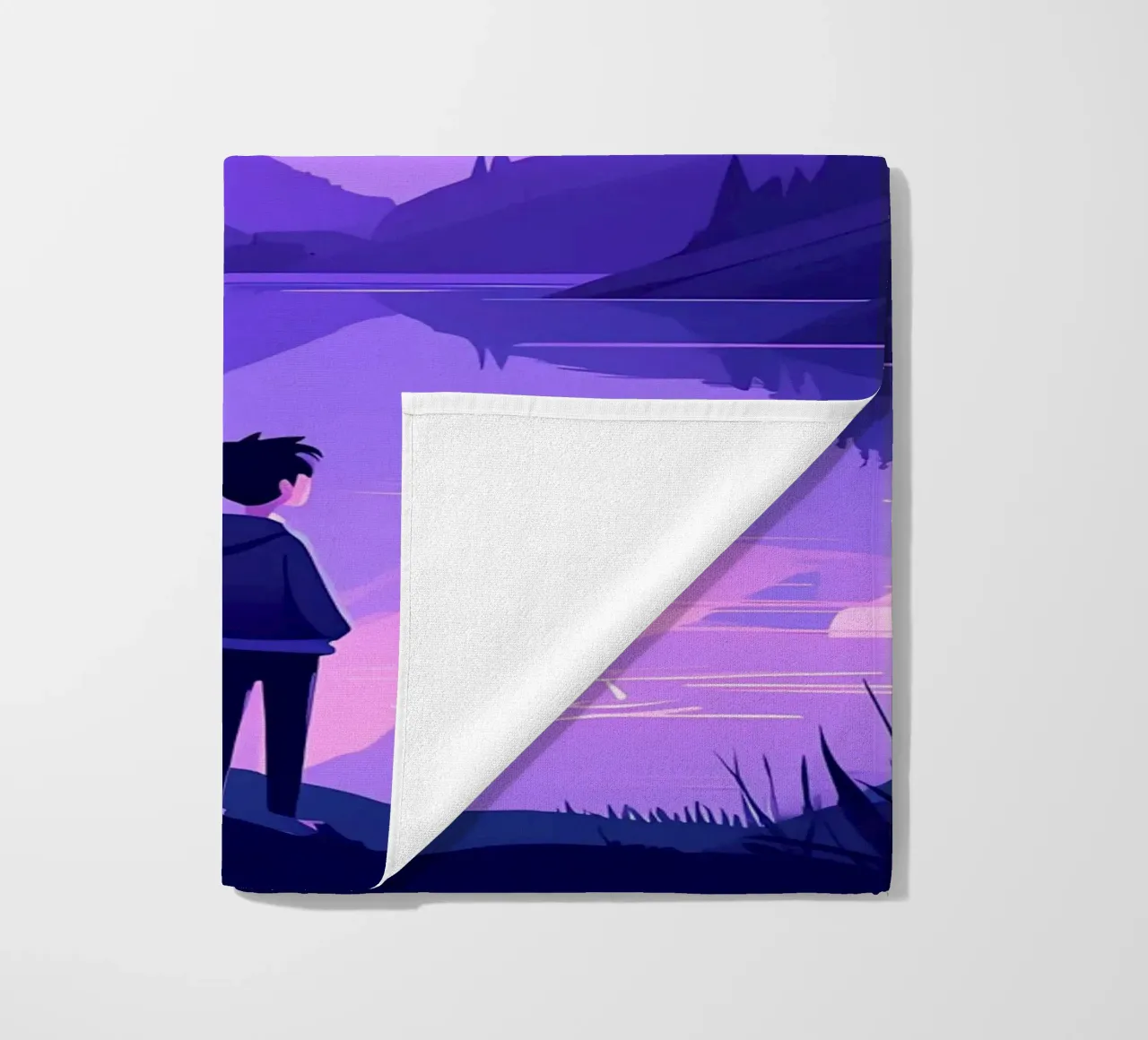 A Boy Standing Near To A Mountain Lake Lofi Art beach towel by LoFi Gallery
