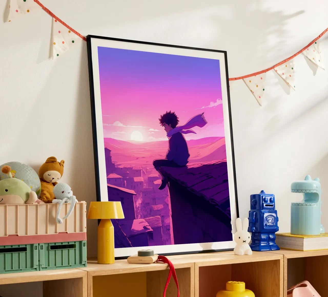 Un ragazzo seduto sul tetto della casa del villaggio Lofi Art poster con telaio in alluminio da LoFi Gallery