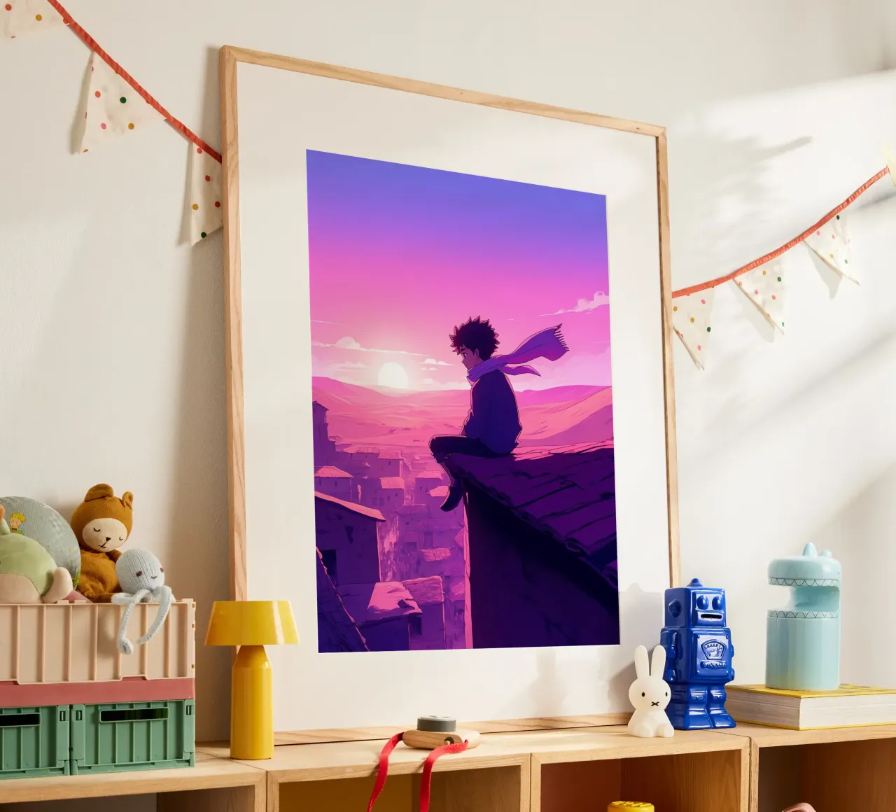 Un ragazzo seduto sul tetto della casa del villaggio Lofi Art poster con telaio in alluminio da LoFi Gallery