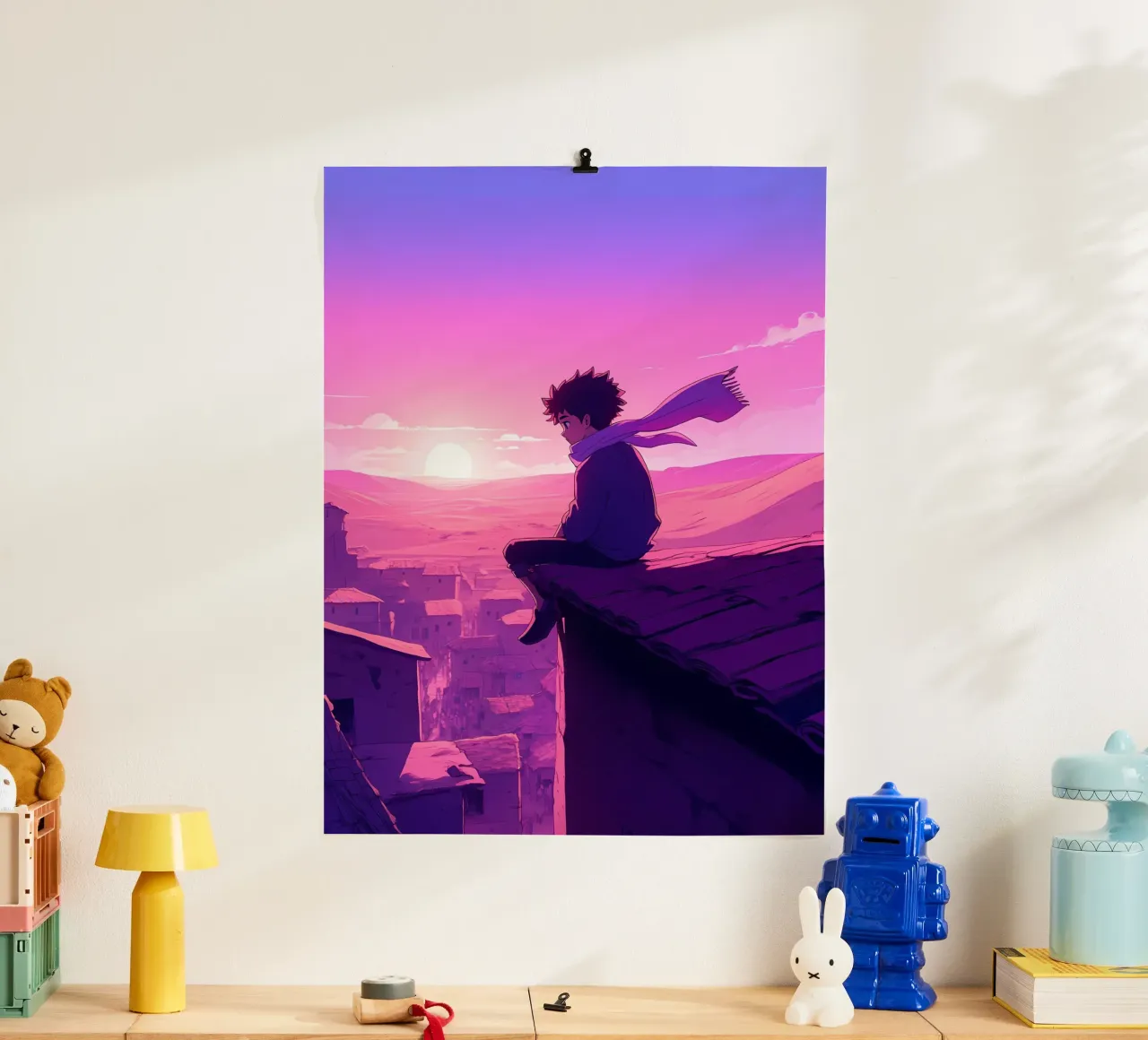 Un ragazzo seduto sul tetto della casa del villaggio Lofi Art poster con telaio in alluminio da LoFi Gallery