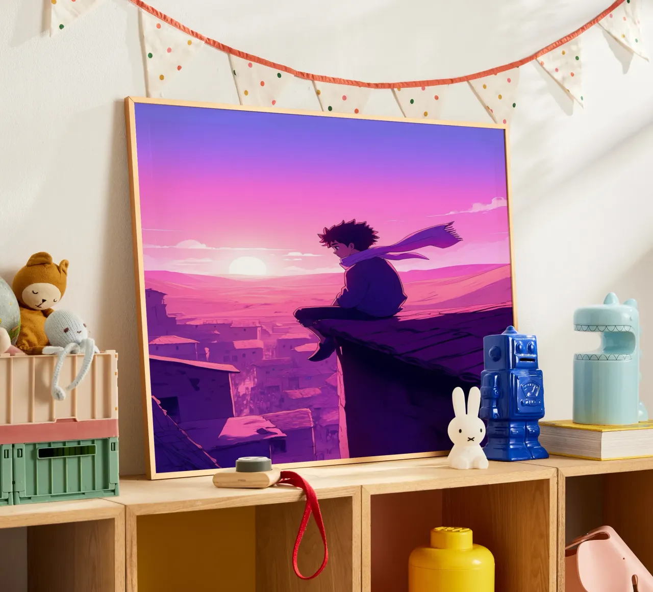 Un ragazzo seduto sul tetto della casa del villaggio Lofi Art poster con telaio in alluminio da LoFi Gallery