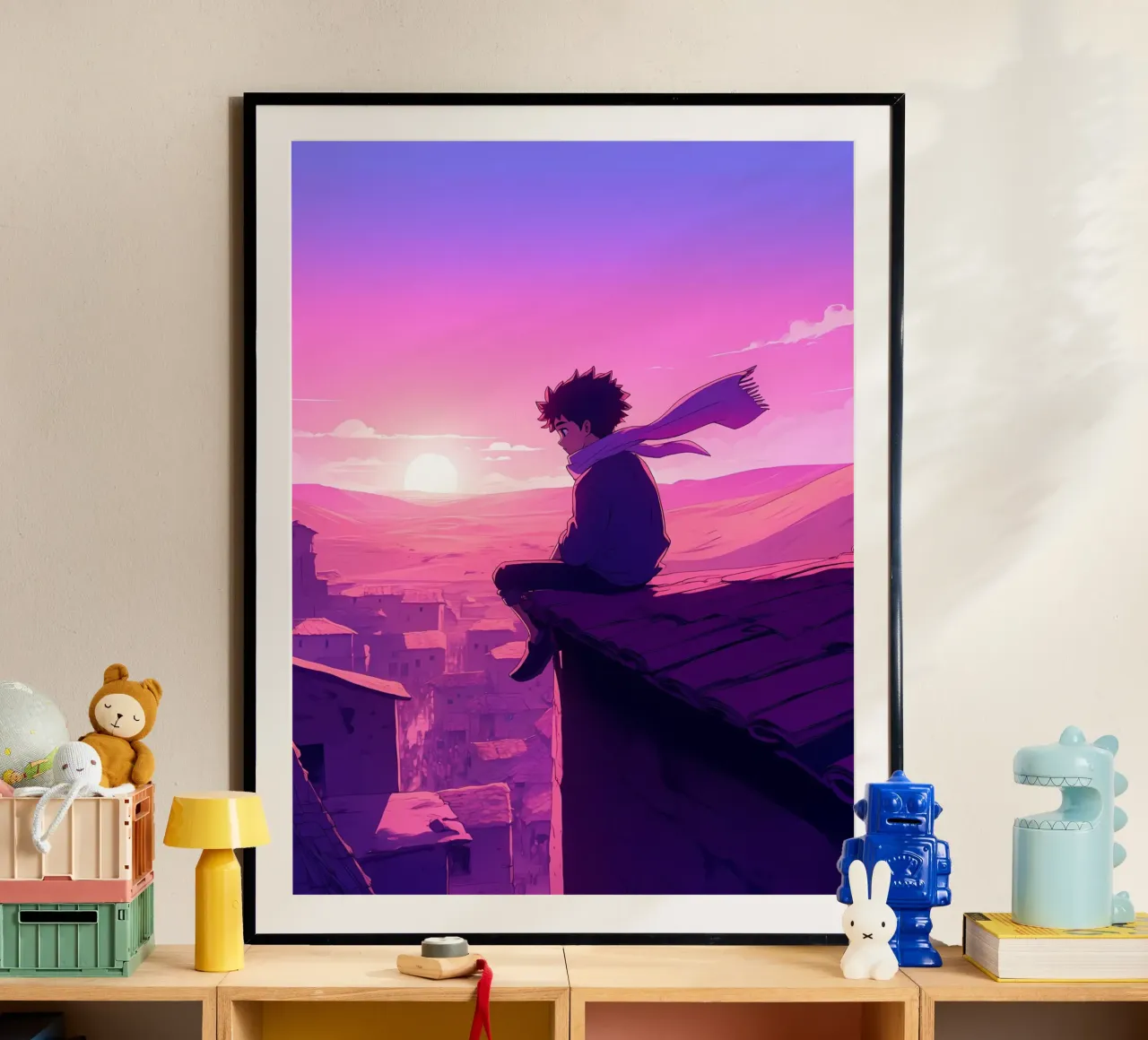 Un ragazzo seduto sul tetto della casa del villaggio Lofi Art poster con telaio in alluminio da LoFi Gallery