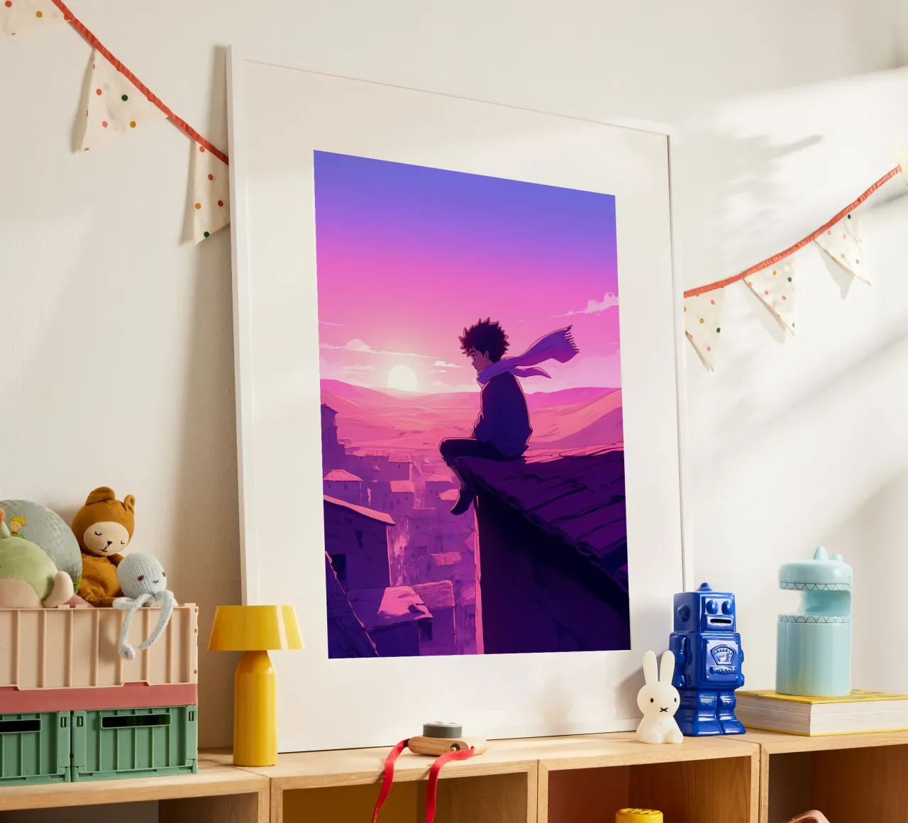 Un ragazzo seduto sul tetto della casa del villaggio Lofi Art poster con telaio in alluminio da LoFi Gallery
