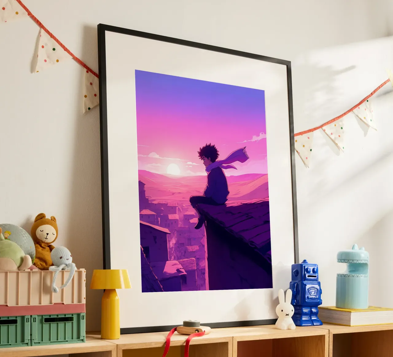 Un ragazzo seduto sul tetto della casa del villaggio Lofi Art poster con telaio in alluminio da LoFi Gallery