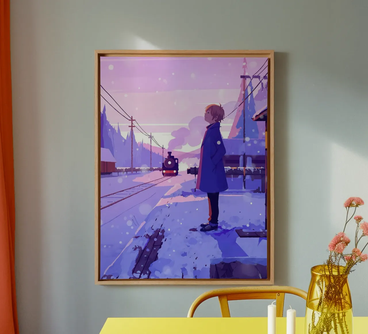 Un hombre esperando el tren en la estación Lofi Art lienzo con Marco flotante de LoFi Gallery