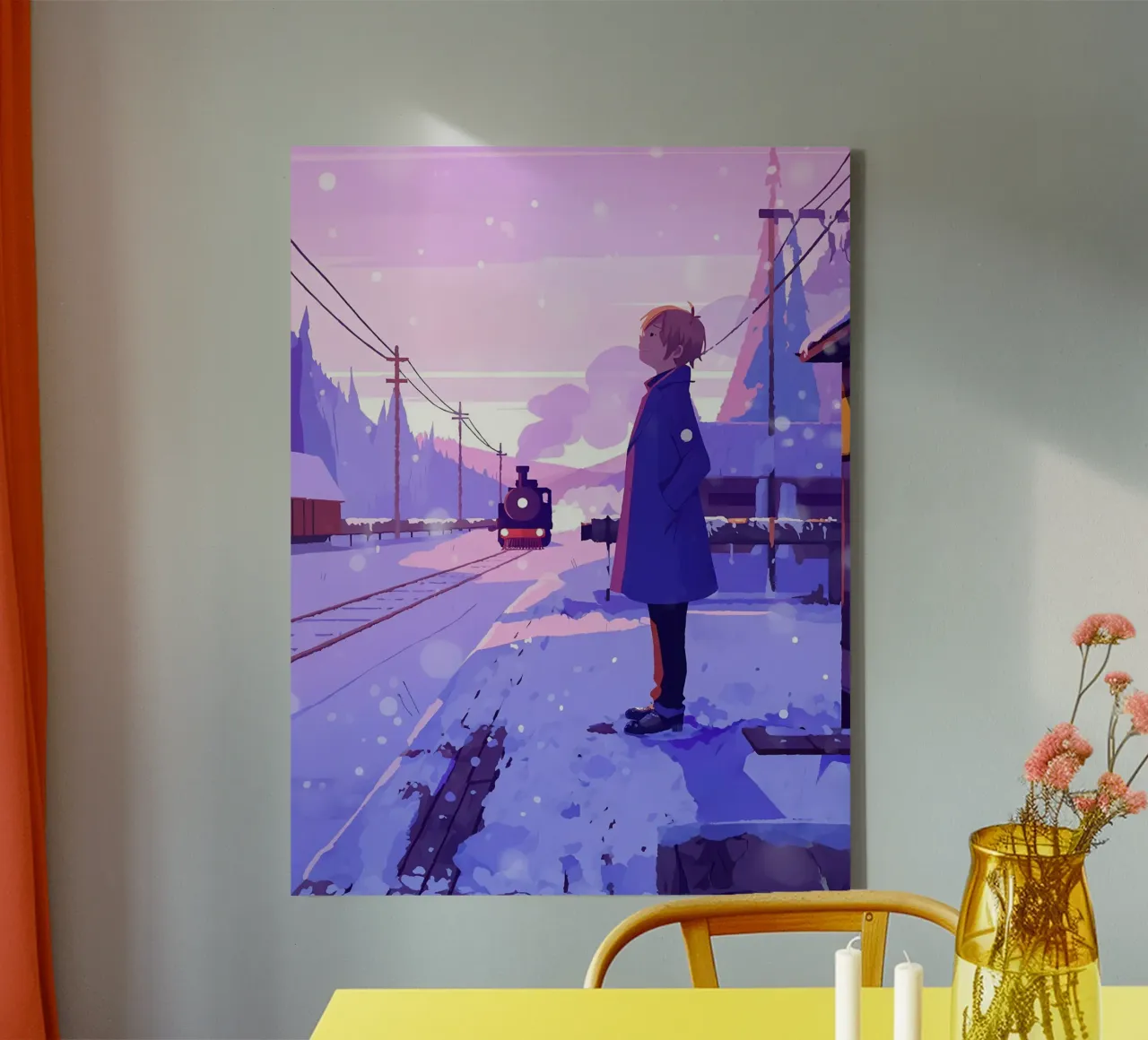 Un hombre esperando el tren en la estación Lofi Art lienzo con Marco flotante de LoFi Gallery