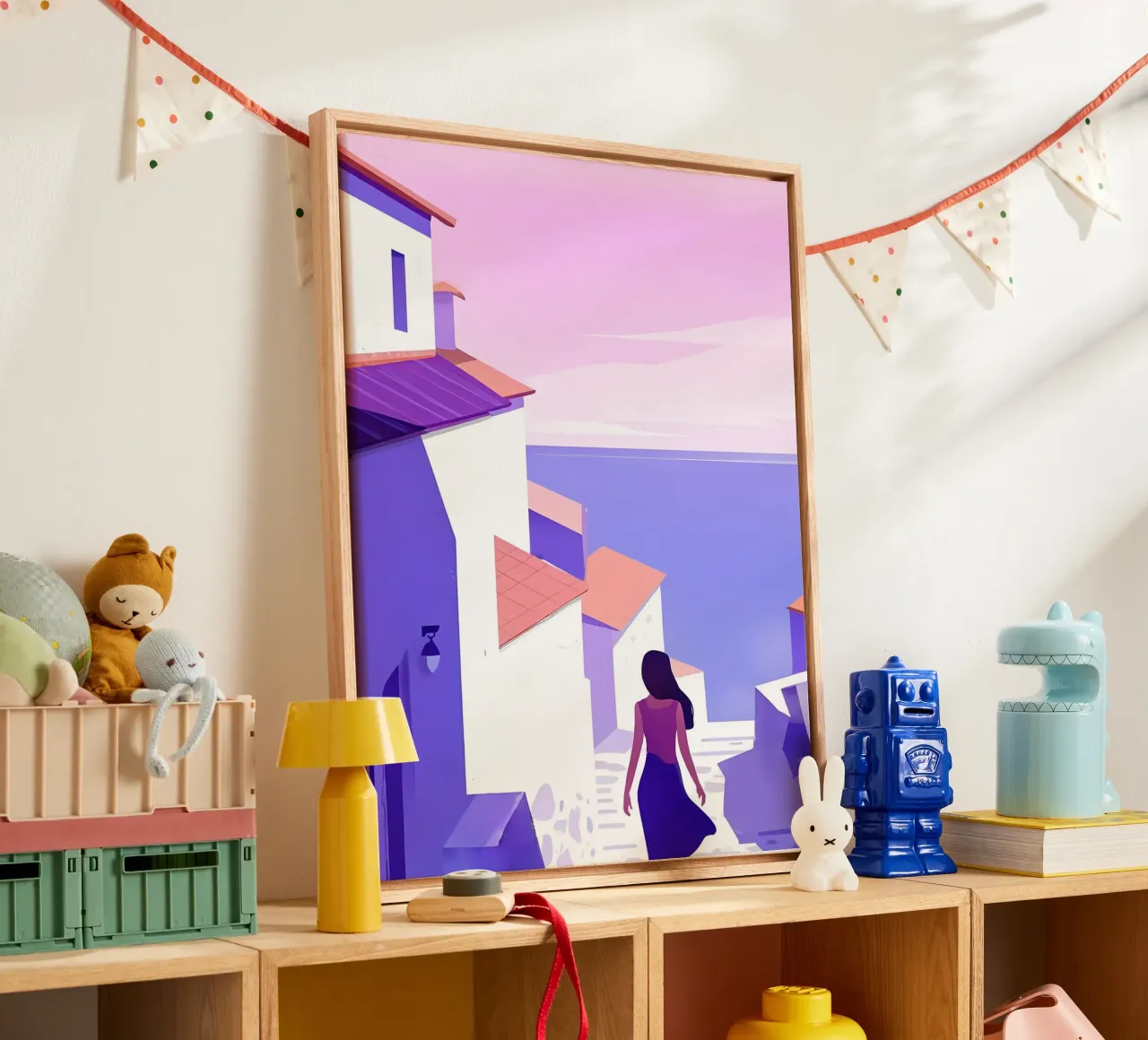 Eine Frau zu Fuß in Oceanside Village Lofi Art Leinwand mit Schattenfugenrahmen von LoFi Gallery
