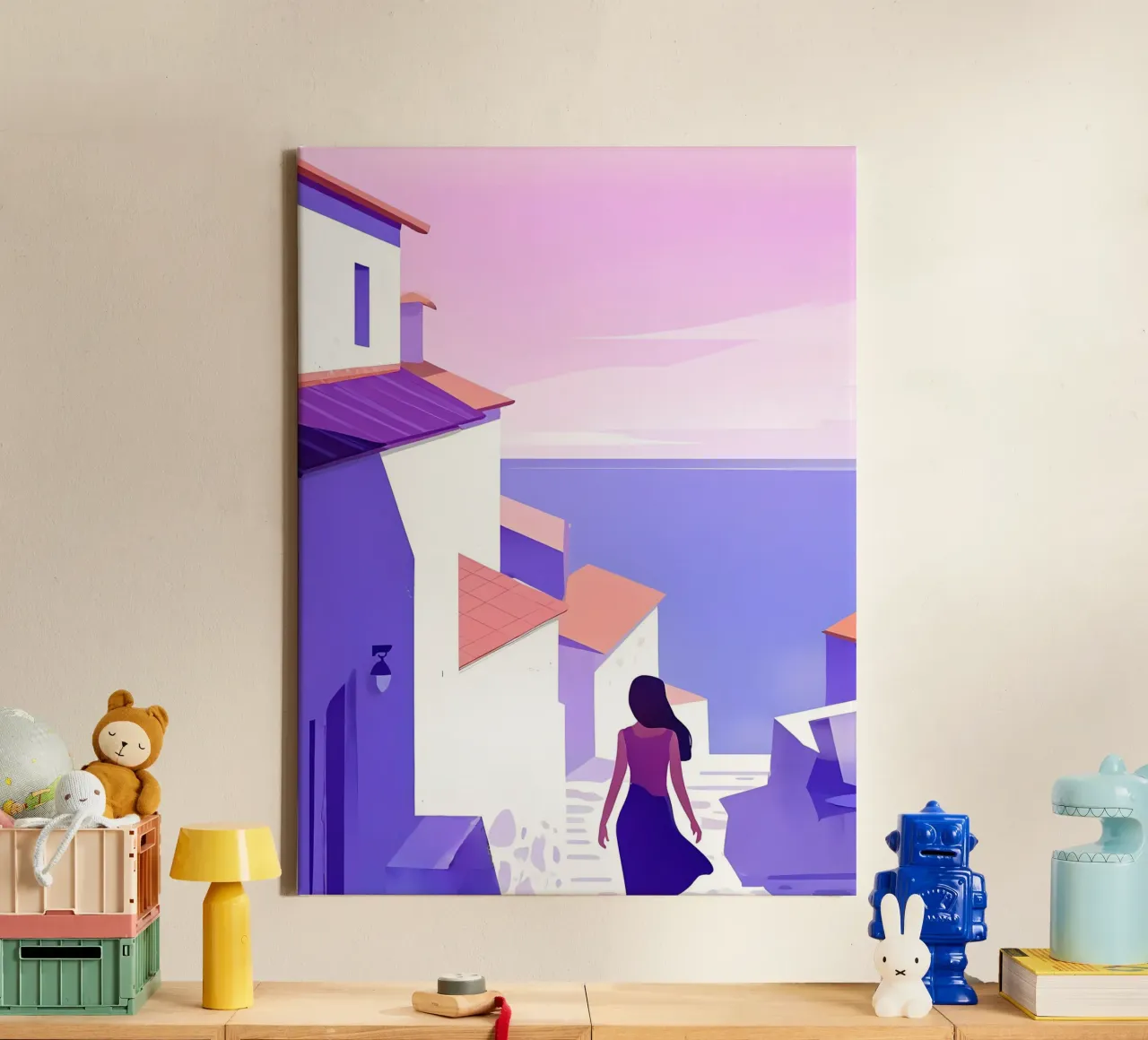 Eine Frau zu Fuß in Oceanside Village Lofi Art Leinwand mit Schattenfugenrahmen von LoFi Gallery