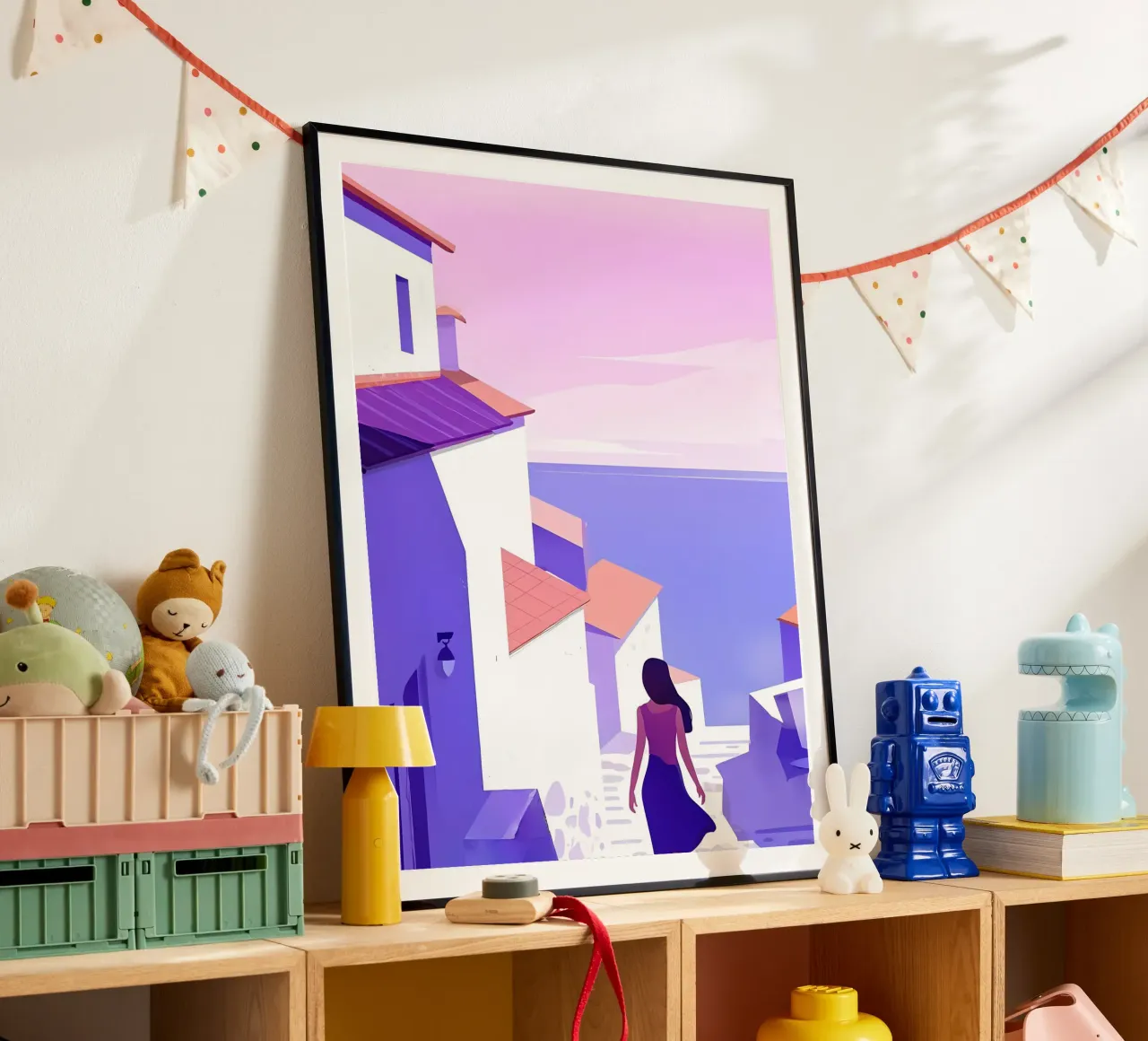 Donna che cammina all'Oceanside Village Lofi Art poster con telaio in alluminio da LoFi Gallery