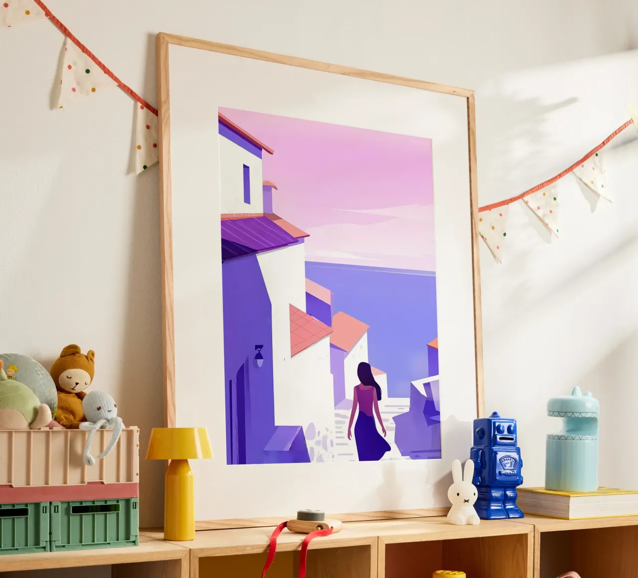 Donna che cammina all'Oceanside Village Lofi Art poster con telaio in alluminio da LoFi Gallery