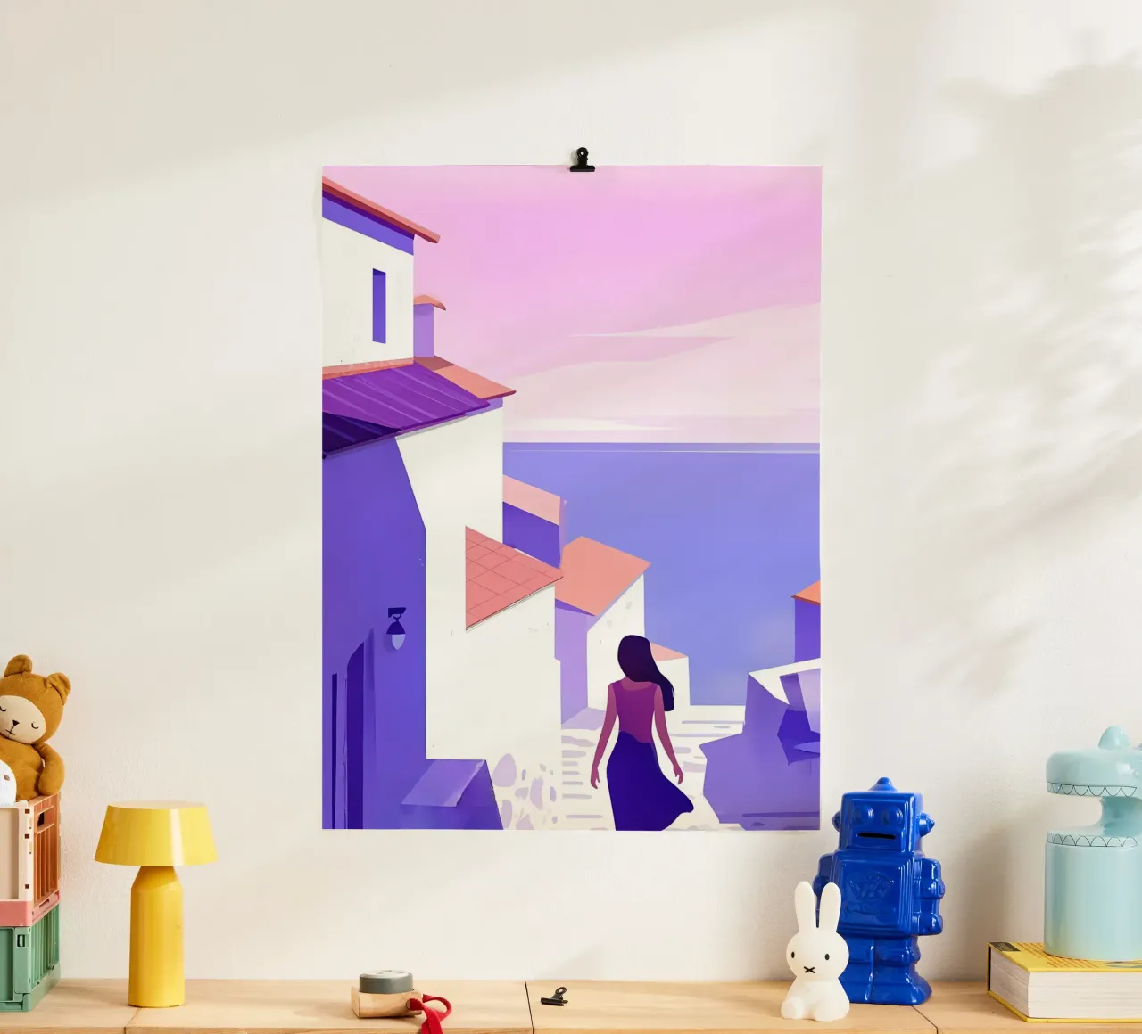 Donna che cammina all'Oceanside Village Lofi Art poster con telaio in alluminio da LoFi Gallery
