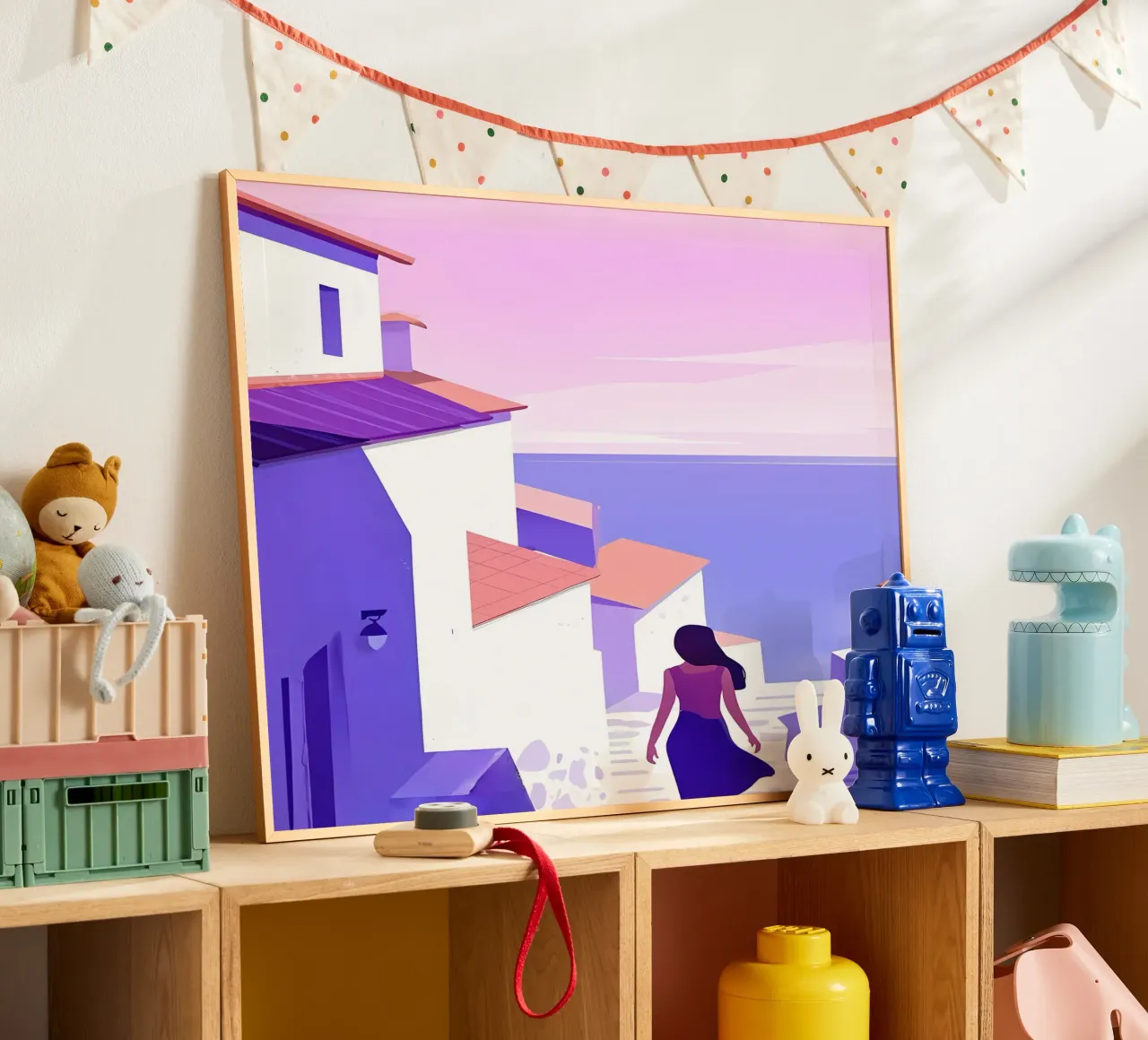 Donna che cammina all'Oceanside Village Lofi Art poster con telaio in alluminio da LoFi Gallery