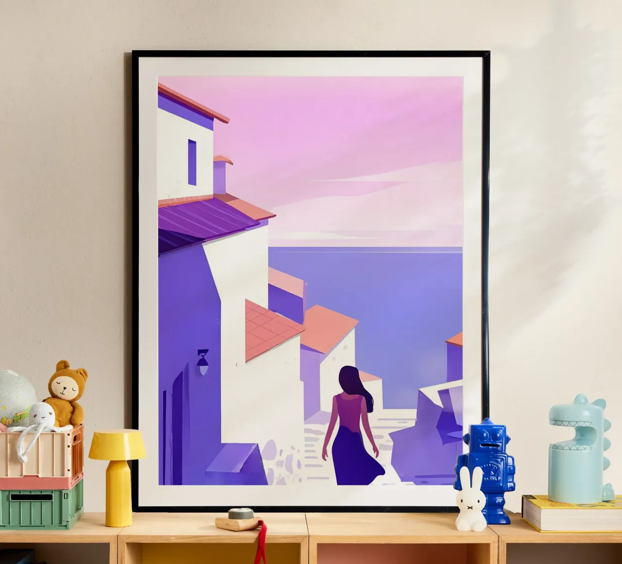 Donna che cammina all'Oceanside Village Lofi Art poster con telaio in alluminio da LoFi Gallery