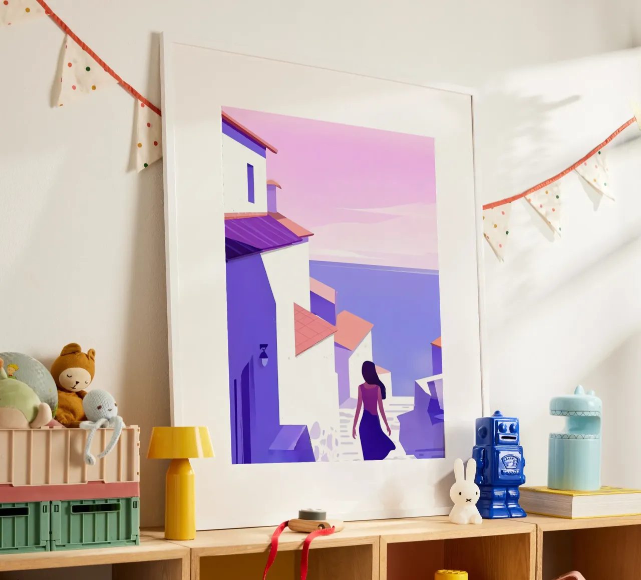Donna che cammina all'Oceanside Village Lofi Art poster con telaio in alluminio da LoFi Gallery