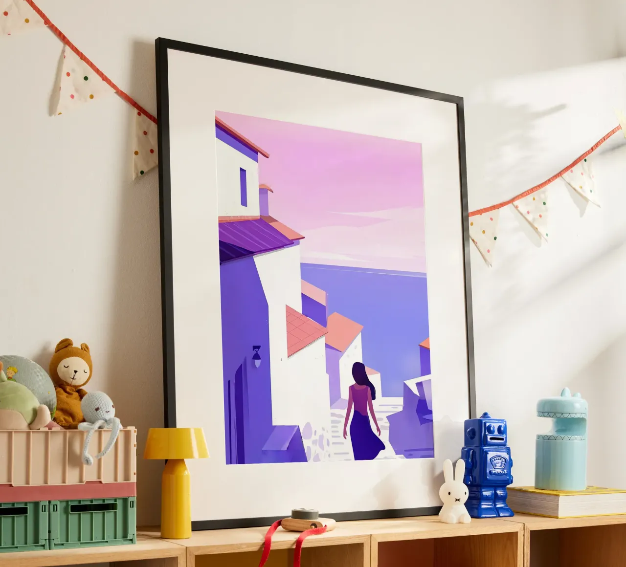 Donna che cammina all'Oceanside Village Lofi Art poster con telaio in alluminio da LoFi Gallery