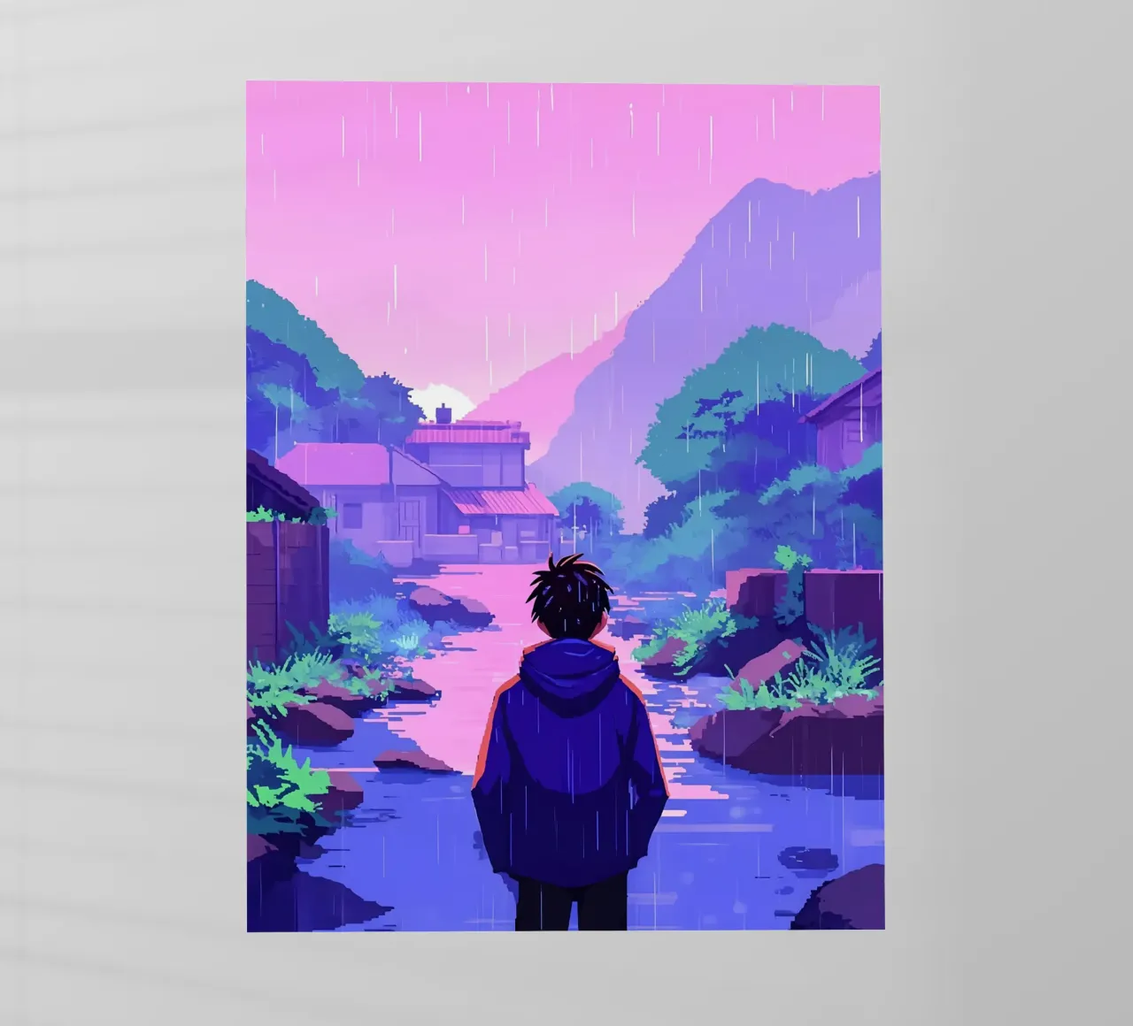 Un ragazzo che cammina verso il villaggio Lofi Art pellicola backlit da LoFi Gallery