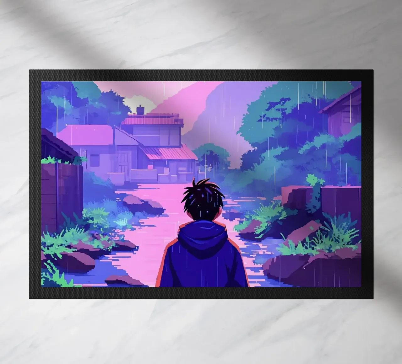 Ein Junge auf dem Weg zum Dorf Lofi Art Fußmatte von LoFi Gallery