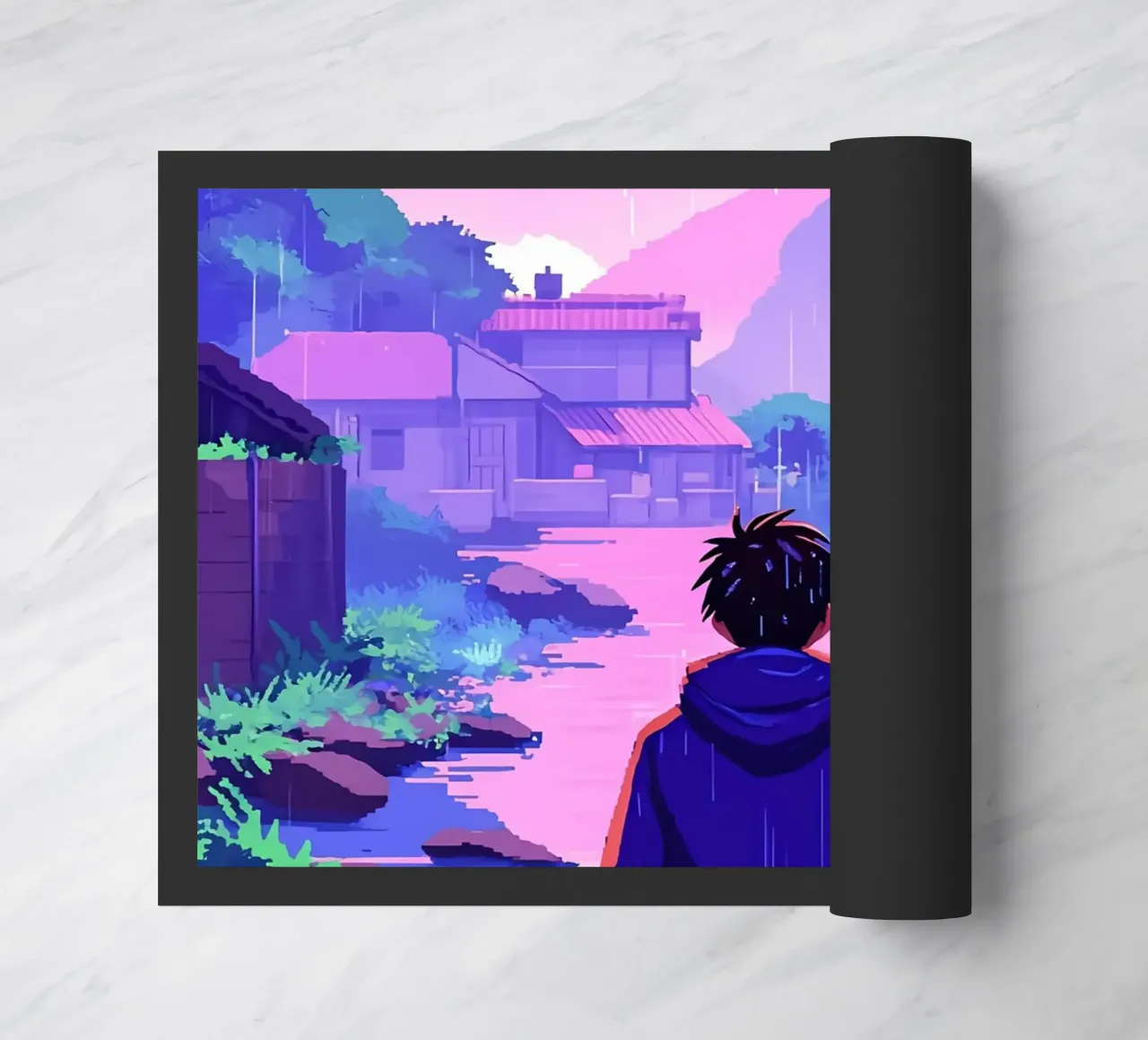 Ein Junge auf dem Weg zum Dorf Lofi Art Fußmatte von LoFi Gallery