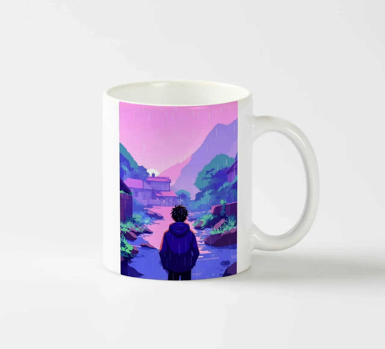 Un ragazzo che cammina verso il villaggio Lofi Art tazza in ceramica da LoFi Gallery