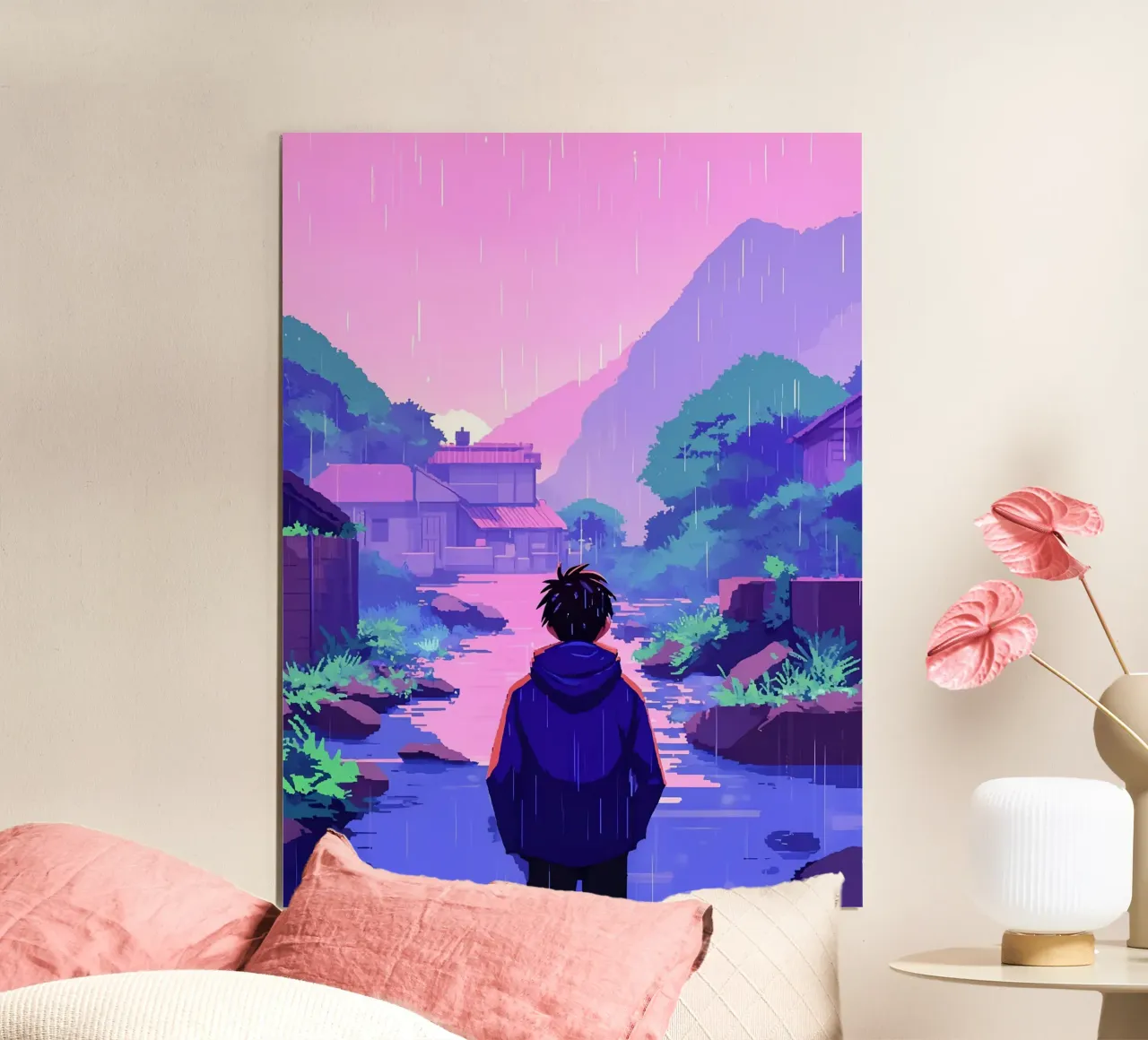 Un ragazzo che cammina verso il villaggio Lofi Art poster con telaio in legno da LoFi Gallery