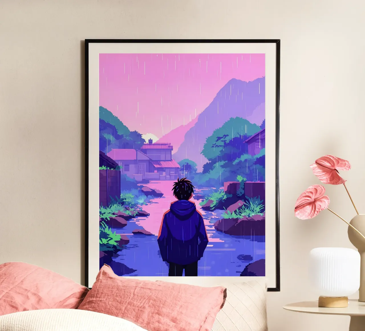 Un ragazzo che cammina verso il villaggio Lofi Art poster con telaio in legno da LoFi Gallery