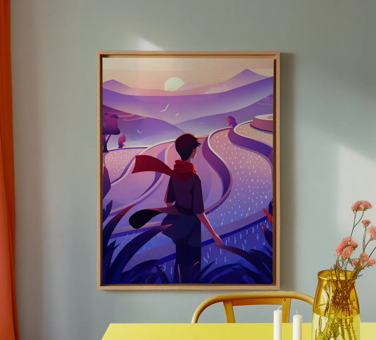 A Boy Walking Near Terraced Fields Lofi Art canvas with Floater frame by LoFi Gallery
