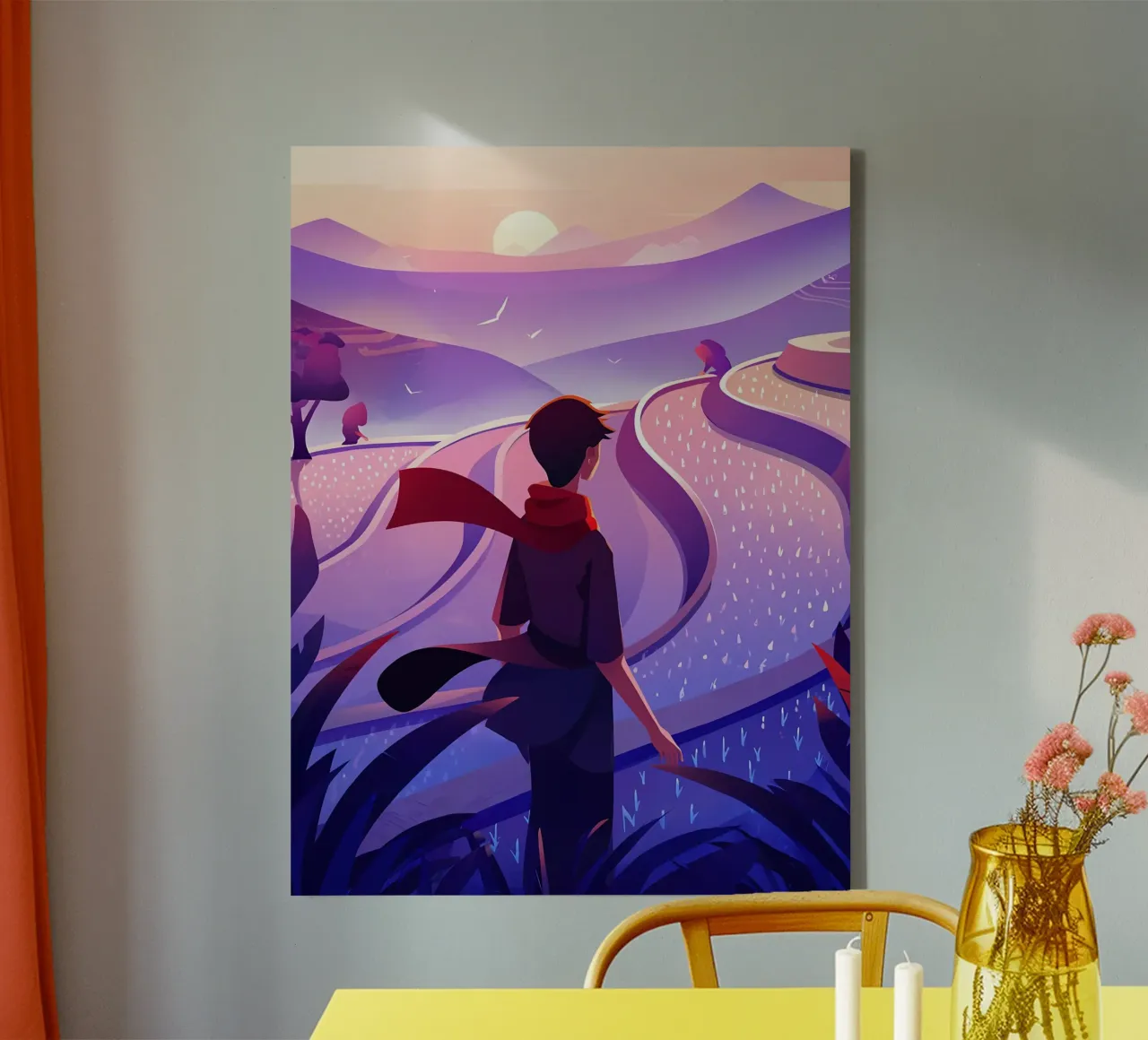 A Boy Walking Near Terraced Fields Lofi Art canvas with Floater frame by LoFi Gallery