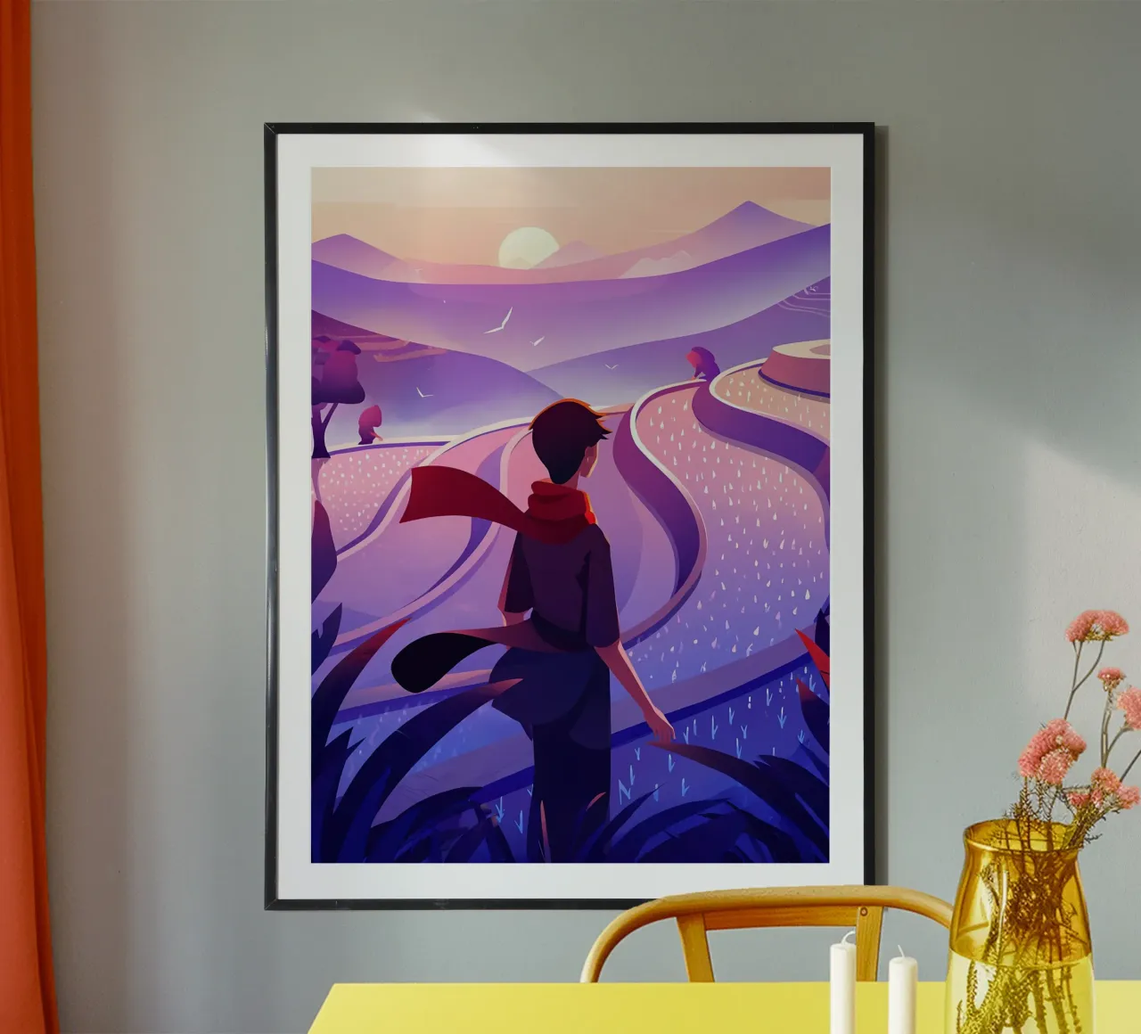 Ein Junge geht in der Nähe von Terrassenfeldern Lofi Art Poster von LoFi Gallery