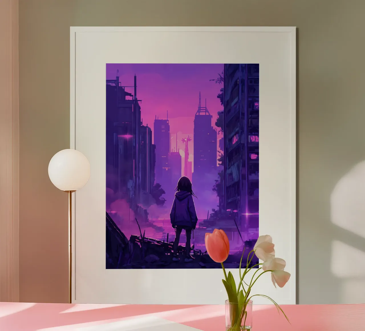 Een meisje op tijdreis naar post-apocalyps stad Lofi kunst poster van LoFi Gallery