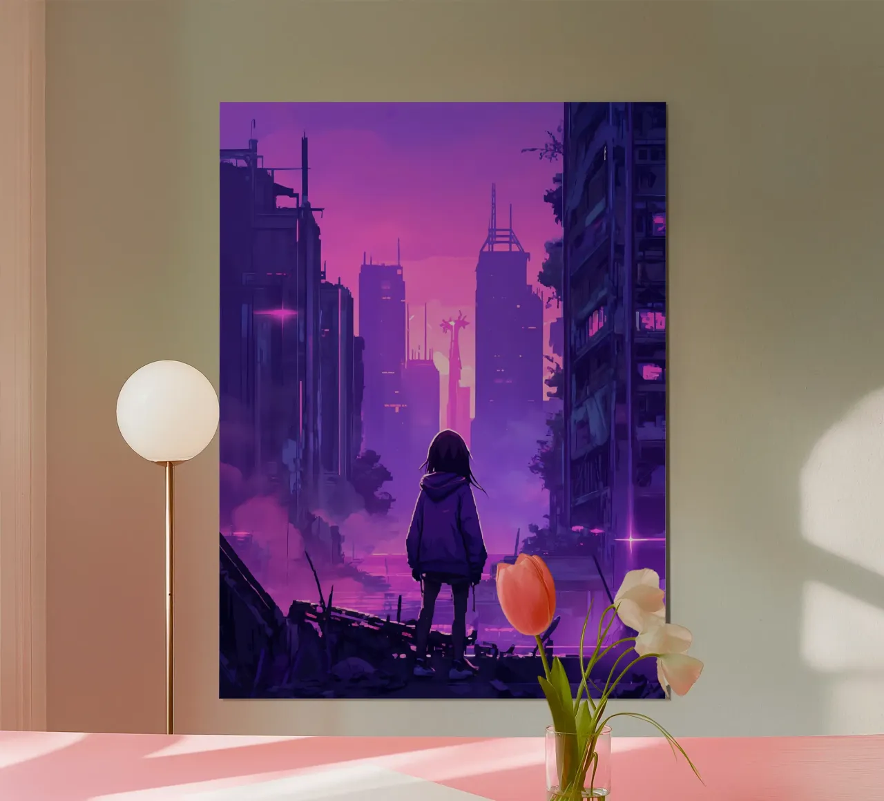 Een meisje op tijdreis naar post-apocalyps stad Lofi kunst poster van LoFi Gallery