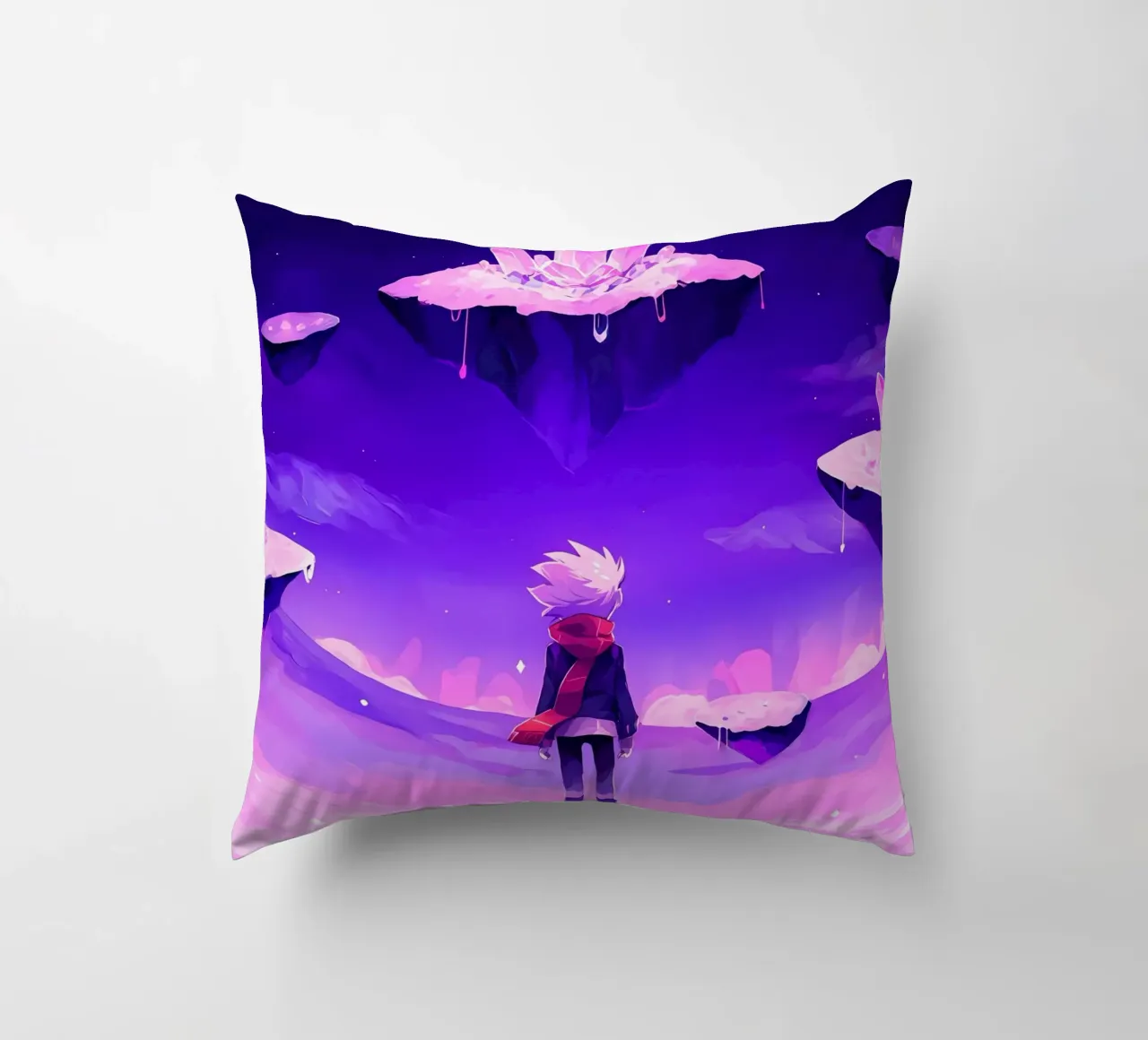 Un ragazzo in piedi in isola di cristallo galleggiante mondo Lofi Art cuscino da LoFi Gallery