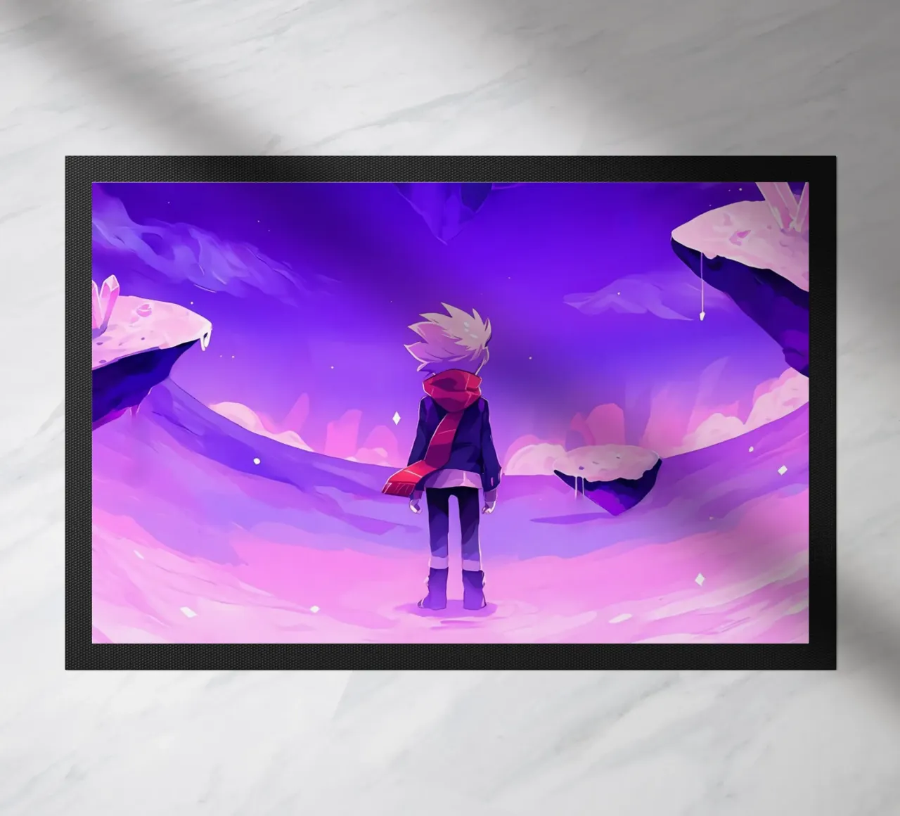 Un ragazzo in piedi in isola di cristallo galleggiante mondo Lofi Art zerbino da LoFi Gallery