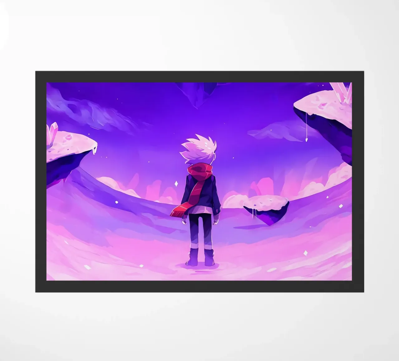 Un ragazzo in piedi in isola di cristallo galleggiante mondo Lofi Art zerbino da LoFi Gallery