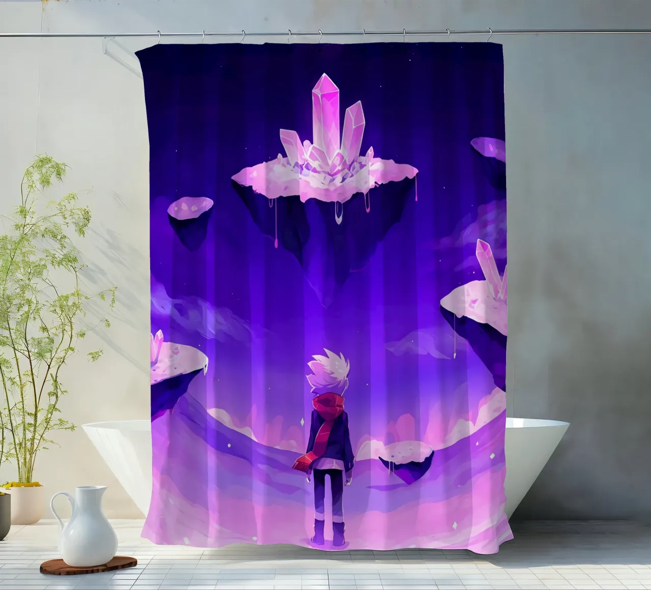 A Boy Standing In Floating Crystal Island World Lofi Art shower curtain by LoFi Gallery