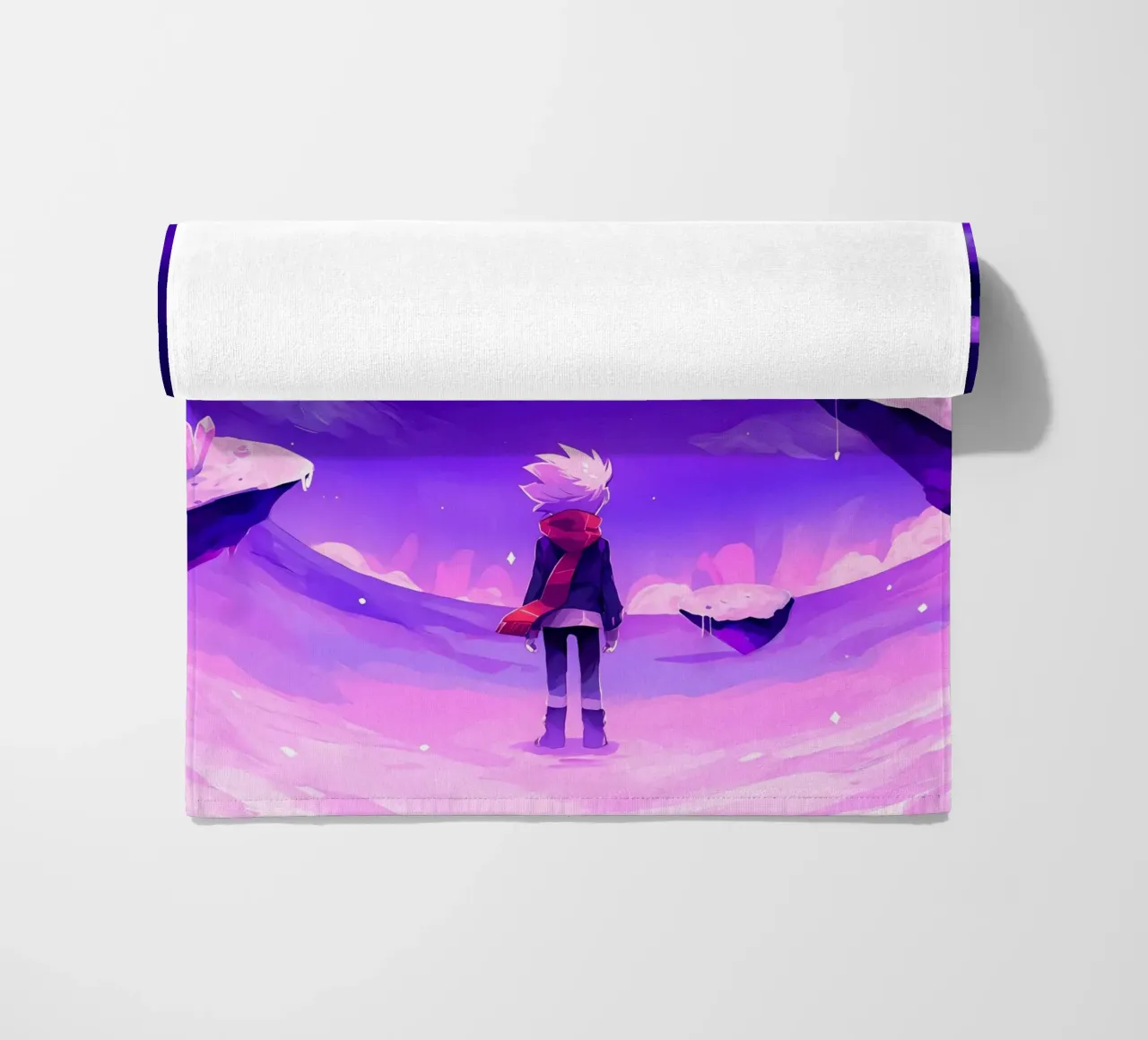 Un ragazzo in piedi in isola di cristallo galleggiante mondo Lofi Art telo mare da LoFi Gallery
