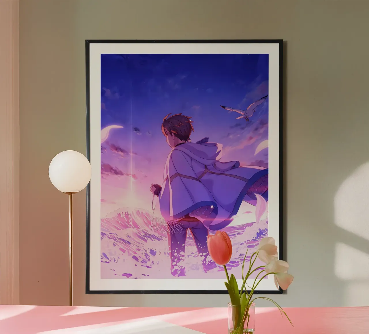 Un ragazzo in piedi vicino a un'onda dell'oceano Lofi Art poster con telaio in legno da LoFi Gallery