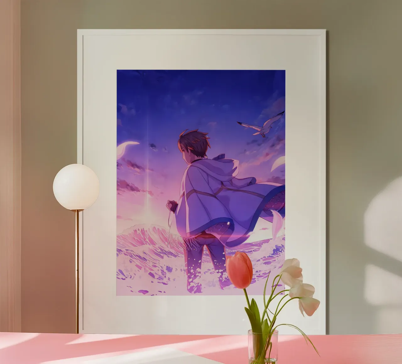 Un ragazzo in piedi vicino a un'onda dell'oceano Lofi Art poster con telaio in legno da LoFi Gallery