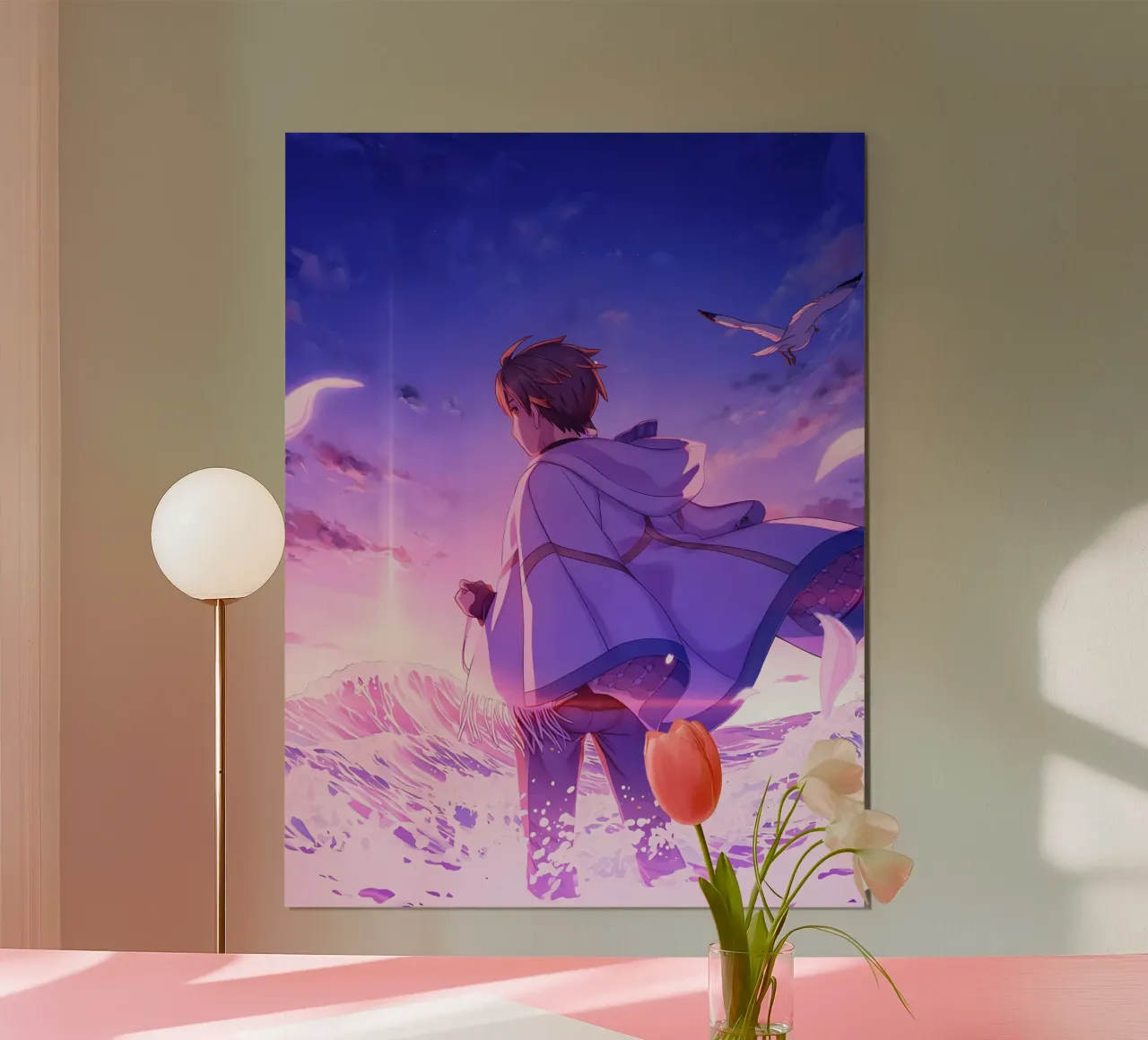 Un ragazzo in piedi vicino a un'onda dell'oceano Lofi Art poster con telaio in legno da LoFi Gallery