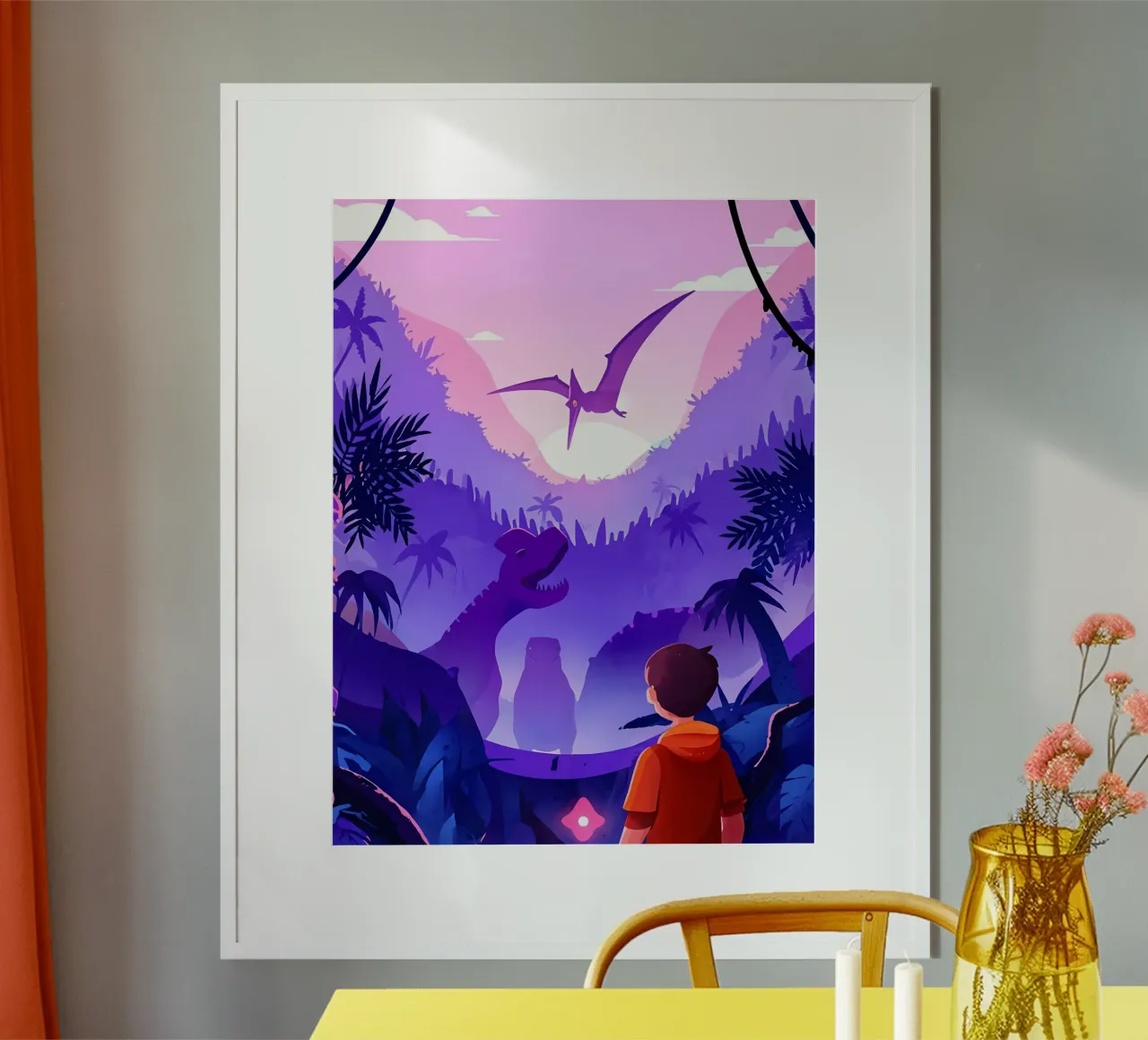 Un ragazzo che viaggia nel tempo per vedere il mondo dei dinosauri Lofi Art poster con telaio in plastica da LoFi Gallery