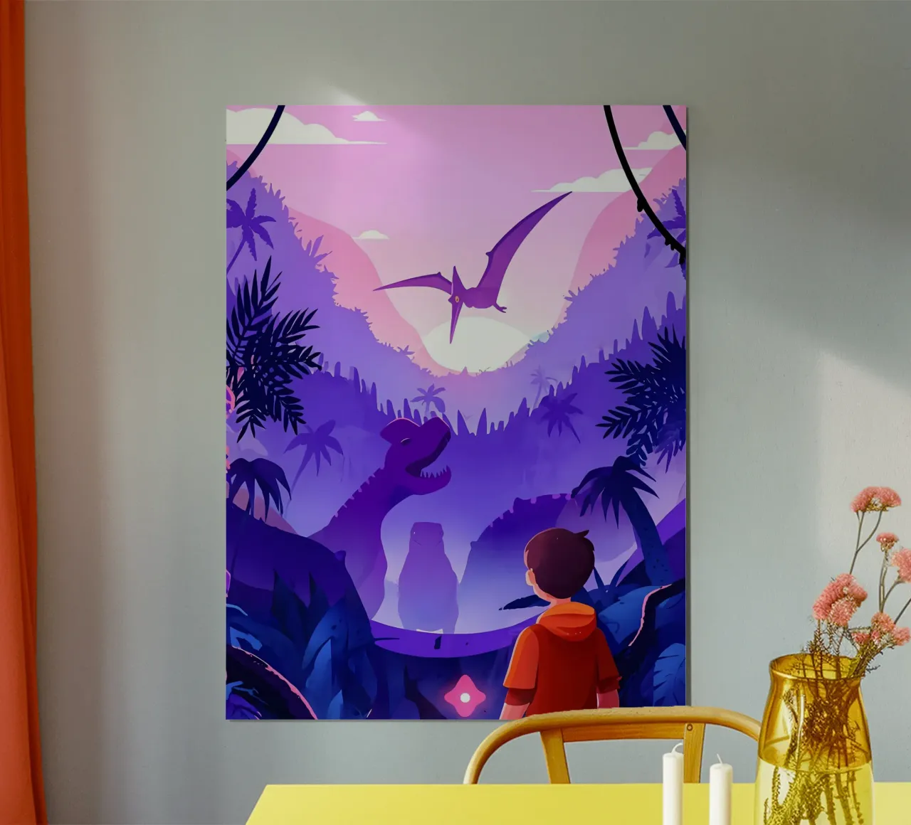 Un ragazzo che viaggia nel tempo per vedere il mondo dei dinosauri Lofi Art poster con telaio in plastica da LoFi Gallery