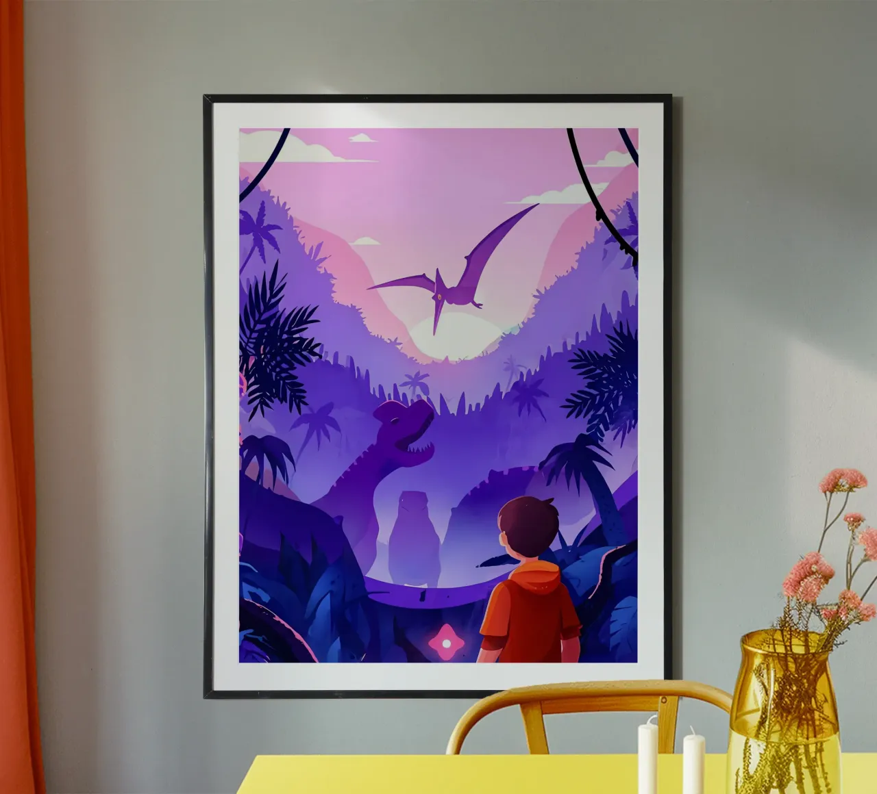 Un ragazzo che viaggia nel tempo per vedere il mondo dei dinosauri Lofi Art poster con telaio in plastica da LoFi Gallery