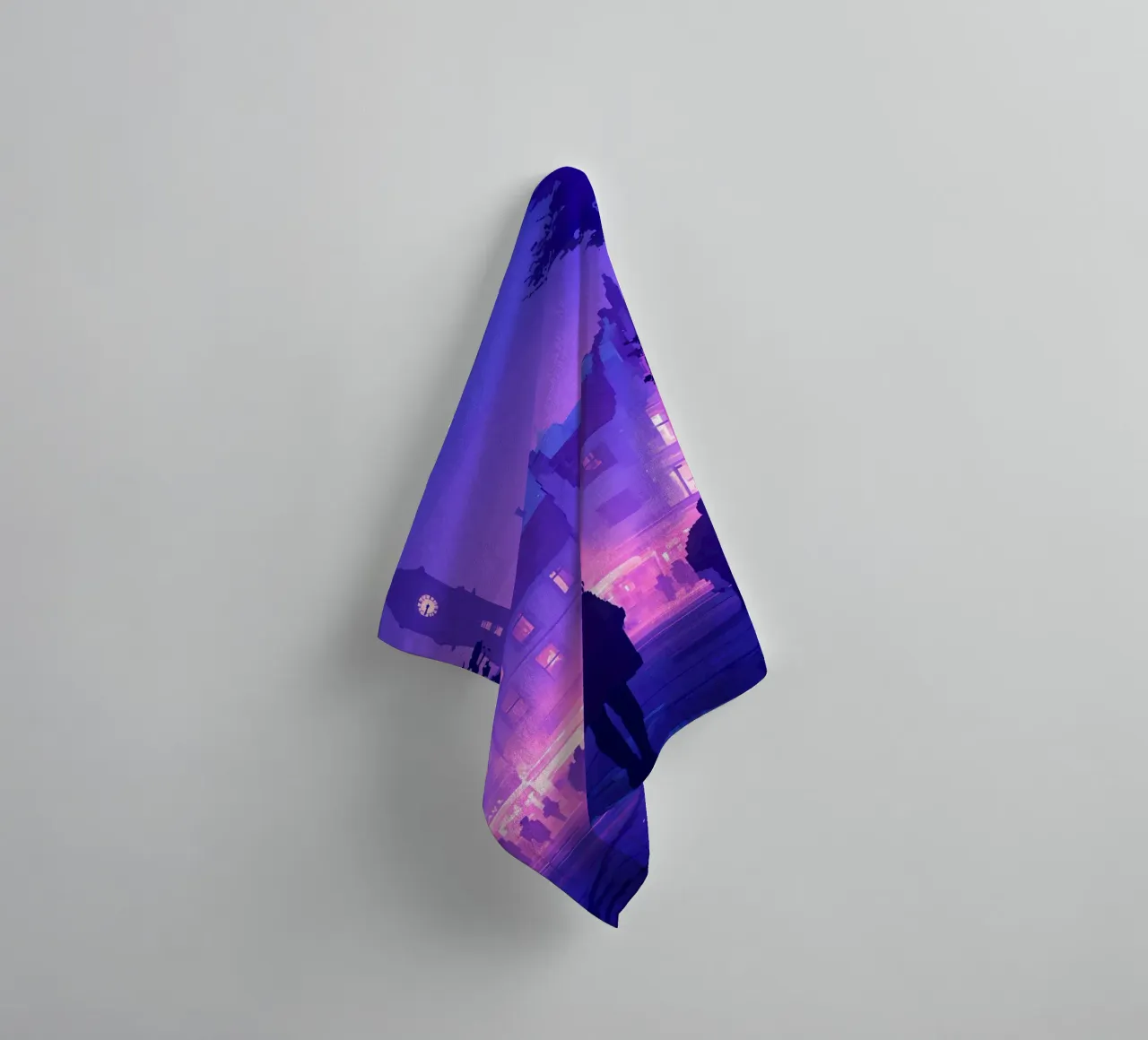A Woman Walking To Village Clocktower Lofi Art towel by LoFi Gallery