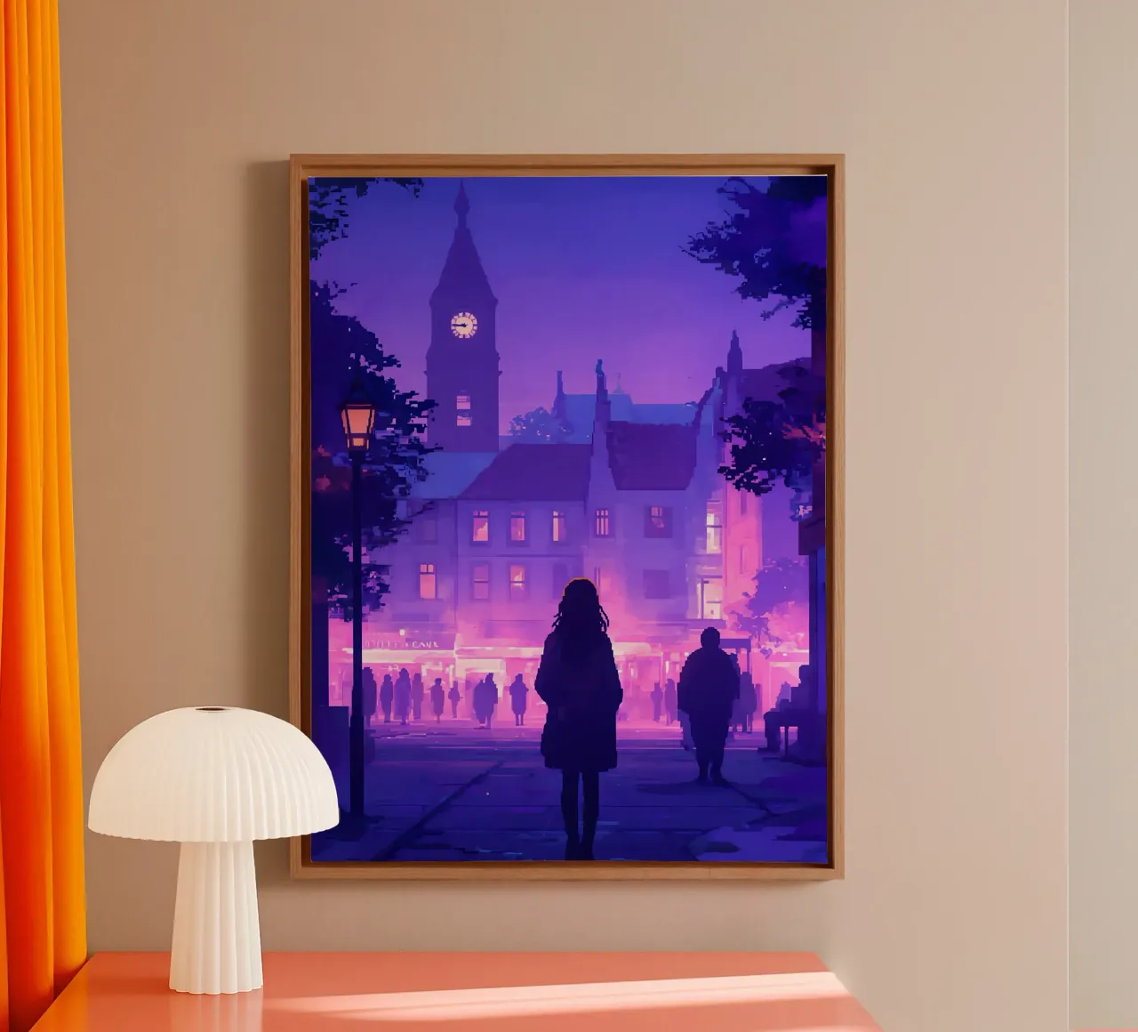 Mujer caminando hacia la torre del reloj Lofi Art lienzo con Marco flotante de LoFi Gallery