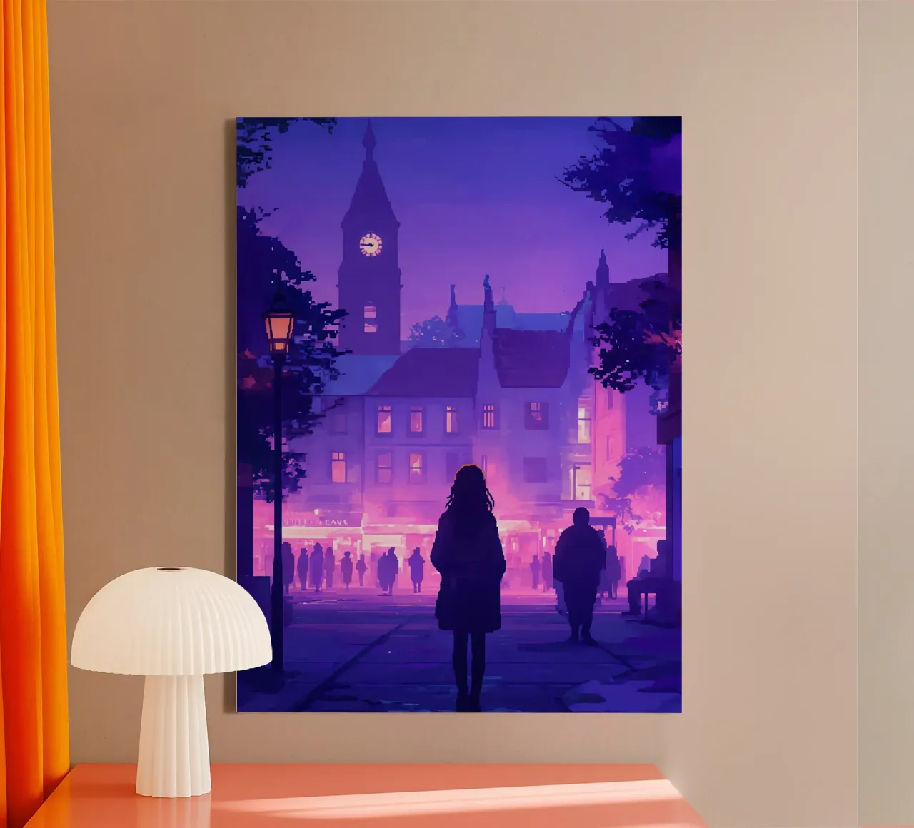 Mujer caminando hacia la torre del reloj Lofi Art lienzo con Marco flotante de LoFi Gallery