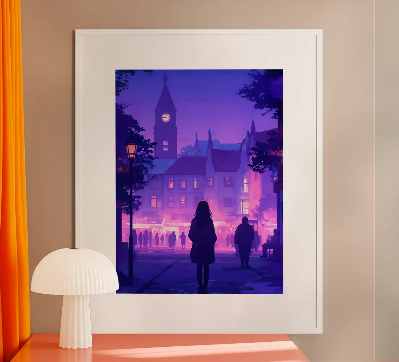 Donna che cammina verso la torre dell'orologio del villaggio Lofi Art poster da LoFi Gallery